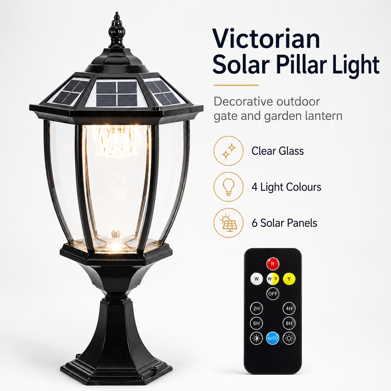 Black Victorian solar pillar light with remote control, featuring a matte black die-cast aluminium frame, clear glass panels, 4 light colours, and 6 solar panels for brick columns and gate pillars.