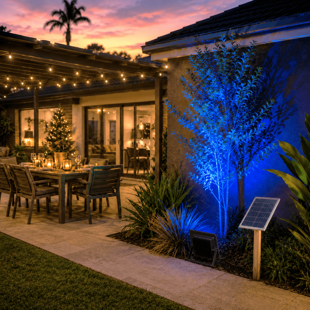 Blue solar flood light set up next to a separate solar panel ground mount casting a vibrant color display onto a tree by an outdoor alfresco dining area at sunset.