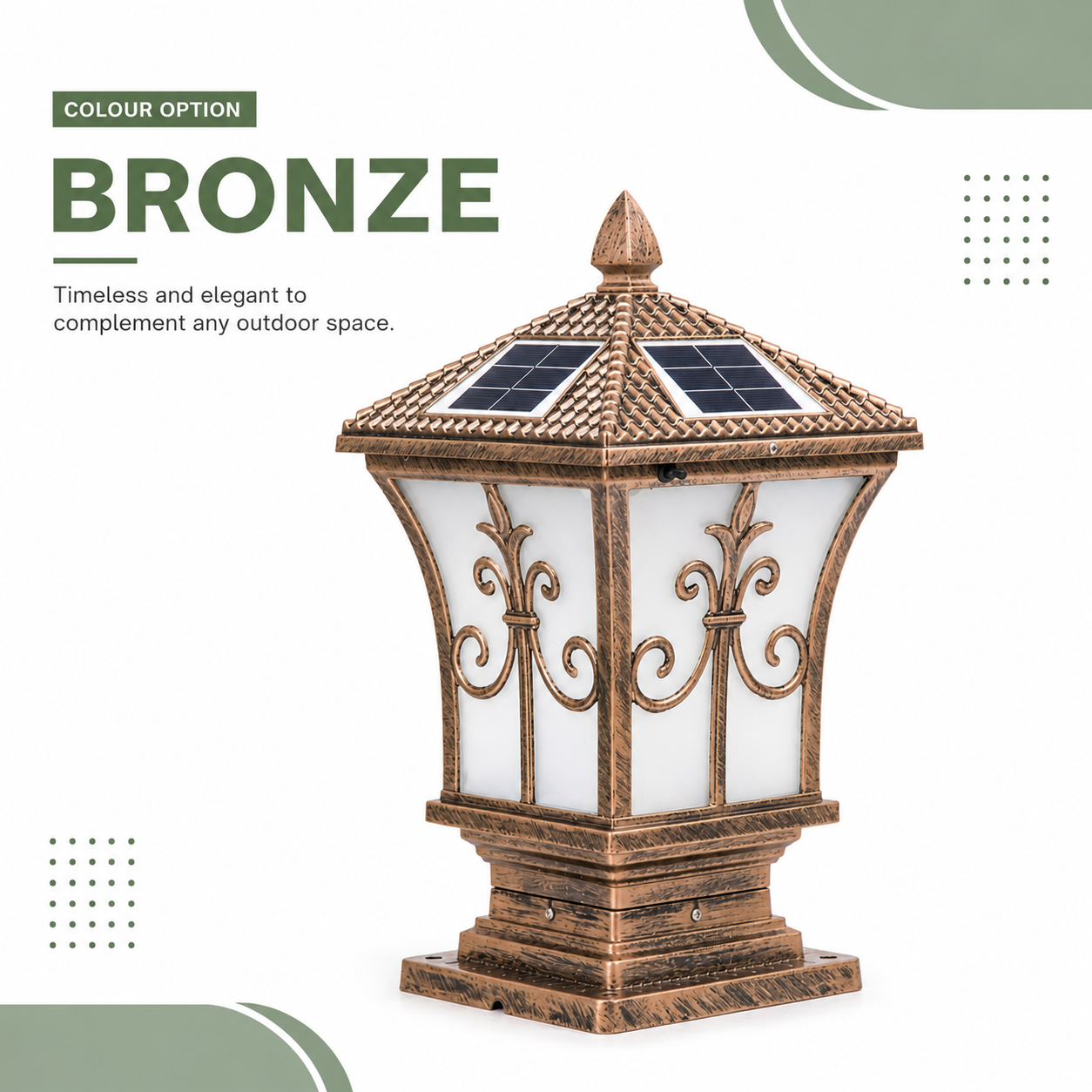 A product variant graphic highlighting the antique bronze color finish for this heritage solar pillar light, designed to bring an elegant touch to outdoor fence posts and entry pillars.