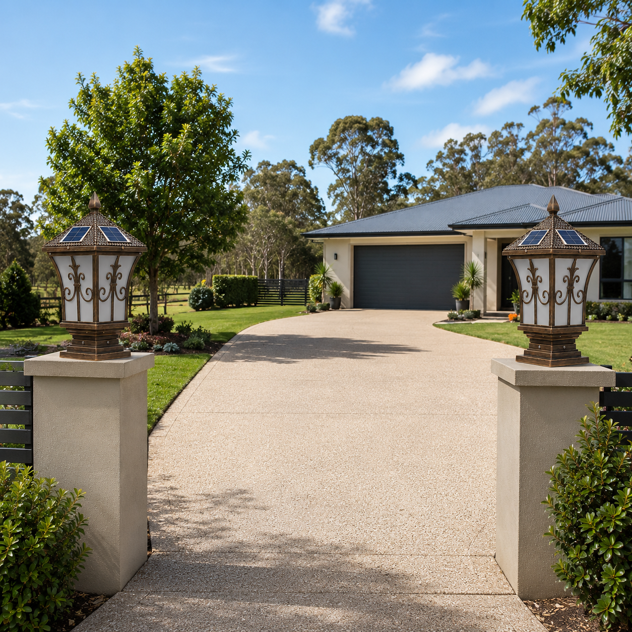 Two bronze heritage solar pillar lights installed on front driveway concrete posts, showcasing a weather-resistant solar post light australia setup at a suburban home entrance.