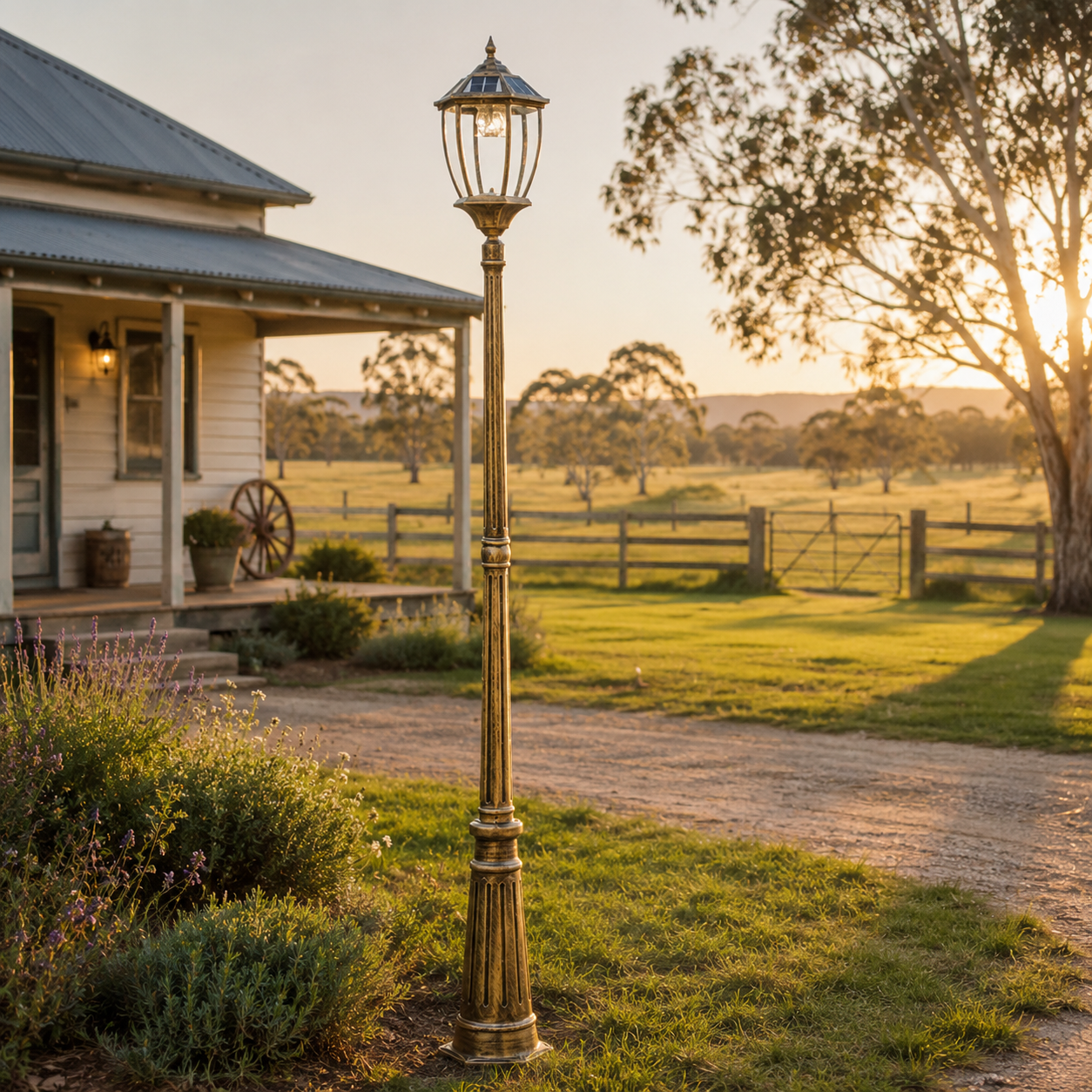 An antique solar lantern style bronze solar post light standing along a country driveway on a rural property in Australia.