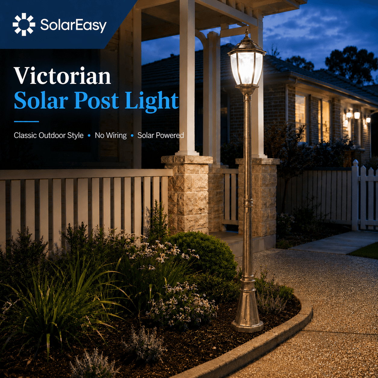 Victorian solar post light in a classic bronze finish illuminating a residential driveway as a decorative outdoor solar lamp post.