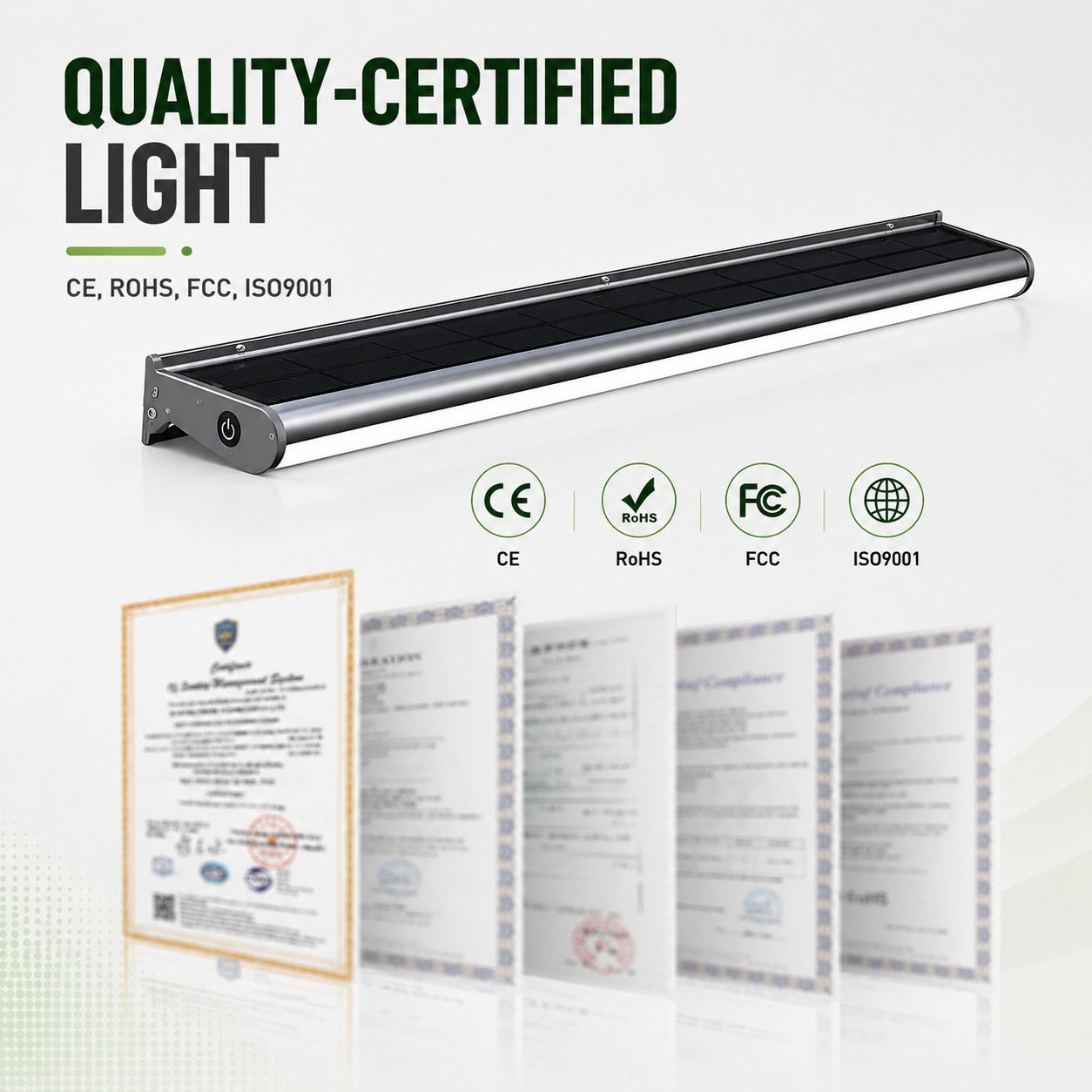An infographic displaying a quality-certified solar sign lights fixture for outdoor solar sign lighting alongside its official CE, RoHS, FCC, and ISO9001 compliance certificates.