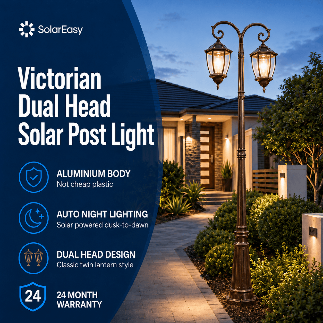 Classic double head solar coach post light infographic highlighting its aluminium body, auto dusk-to-dawn night lighting, and 24-month warranty.