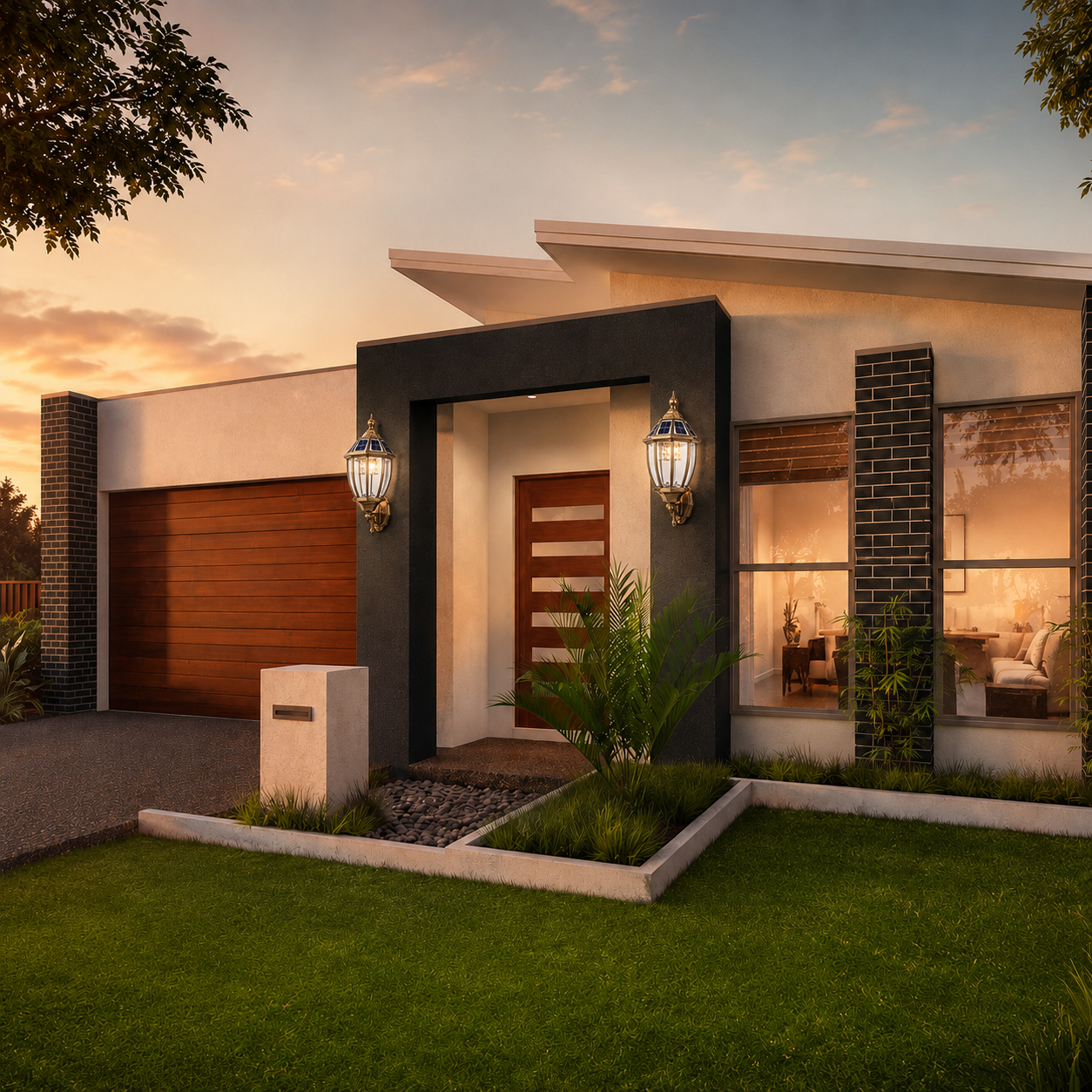 Classic Solar Coach Lantern wall-mounted lights flanking a modern front entryway and garage facade at sunset.