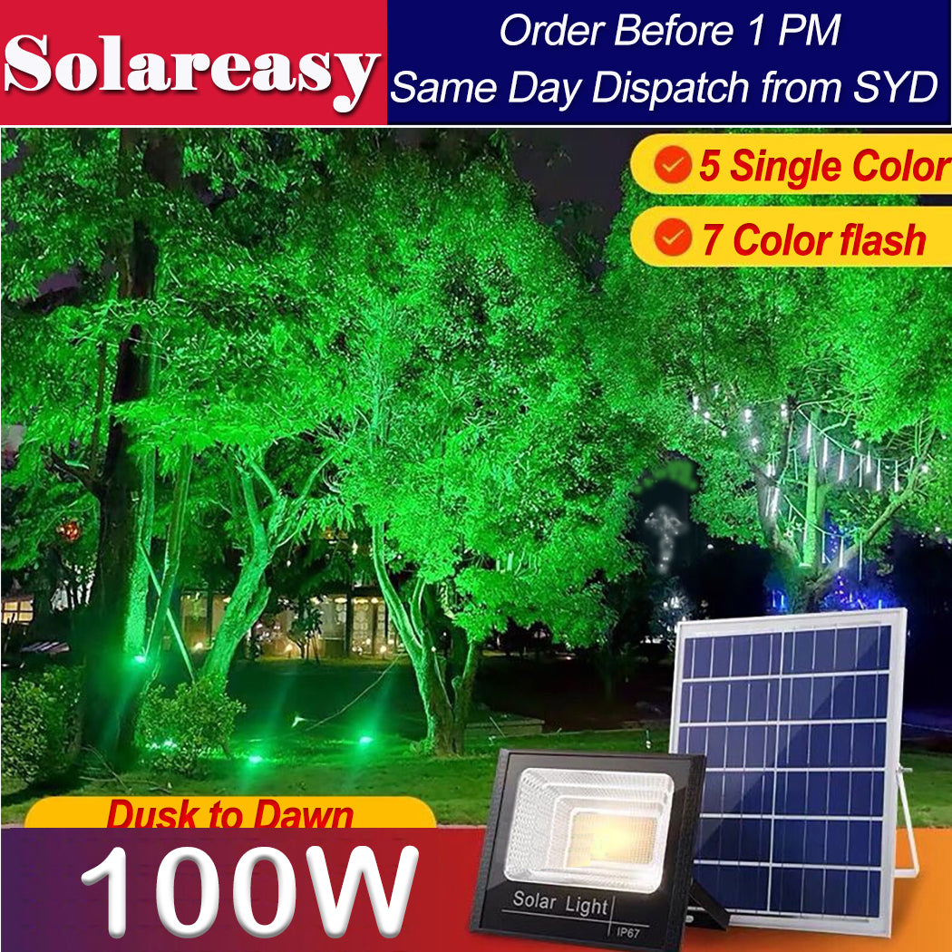 100W solar-powered LED flood light with color options. Choose from five single colors—green, red, blue, yellow, warm white—or select the 7-color mode for an automatic cycling display. Ideal for outdoor decoration, including garages, porches, Halloween, and Christmas. Features dusk-to-dawn operation with a built-in light sensor, providing 8–24 hours of illumination. Charges via solar panel, with red LED indicator flashing during charging. Remote control includes ‘AUTO’ mode for effortless use. Energy-efficie