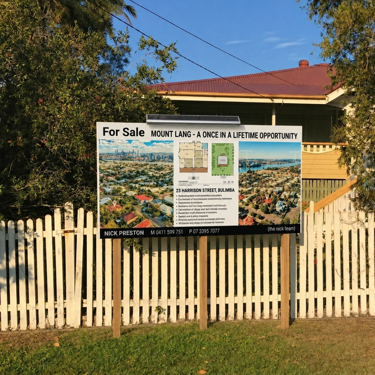 A commercial solar powered sign light is mounted at the top of a large horizontal real estate development board positioned behind a white picket fence.