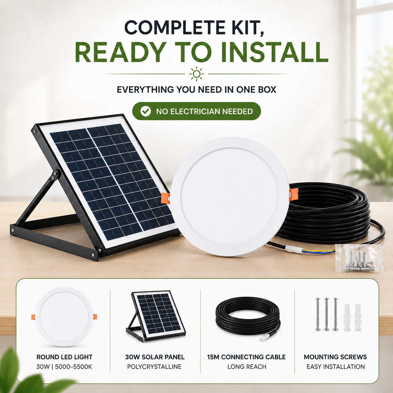 Complete DIY solar skylight kit components unboxed on a table, including a 30W polycrystalline solar panel, 30cm round LED ceiling light, 15m connecting cable, and wall plug mounting screws.