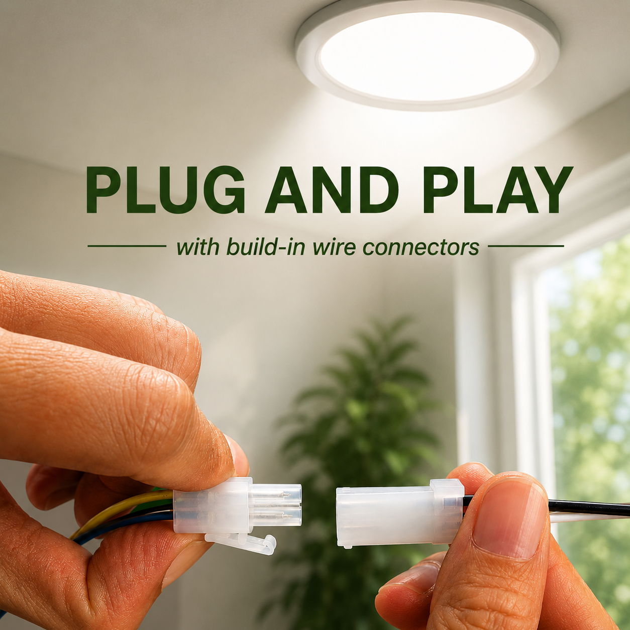 Hands connecting the plug and play built-in wire connectors of a DIY LED solar skylight kit, showing the simple electrical installation setup that requires no professional electrician.