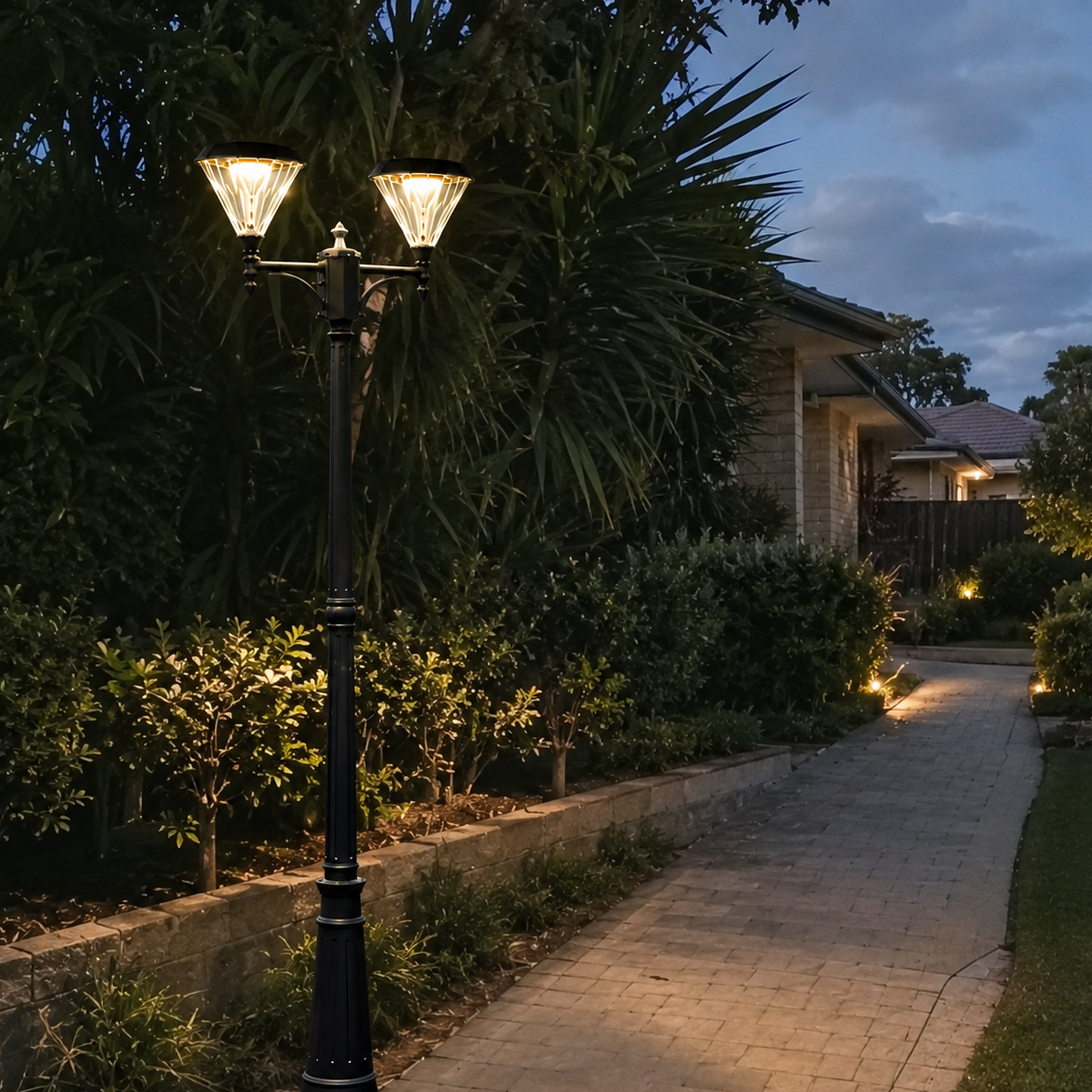Flat top double head solar lantern illuminating a paved garden walkway path and retaining wall hedges at night.
