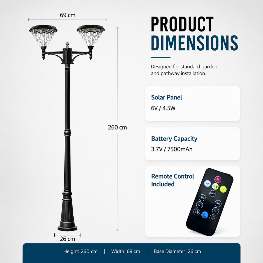 Double head flat top solar post light dimensions infographic detailing the 260cm height specification option for garden setups.