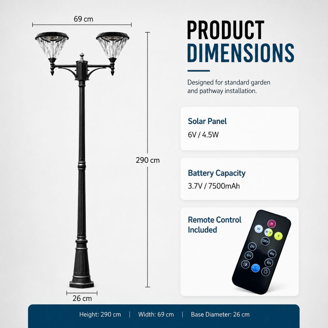 Double head flat top solar street light dimension chart detailing the extra-tall 290cm height specification option for driveway and pathway lighting layouts.