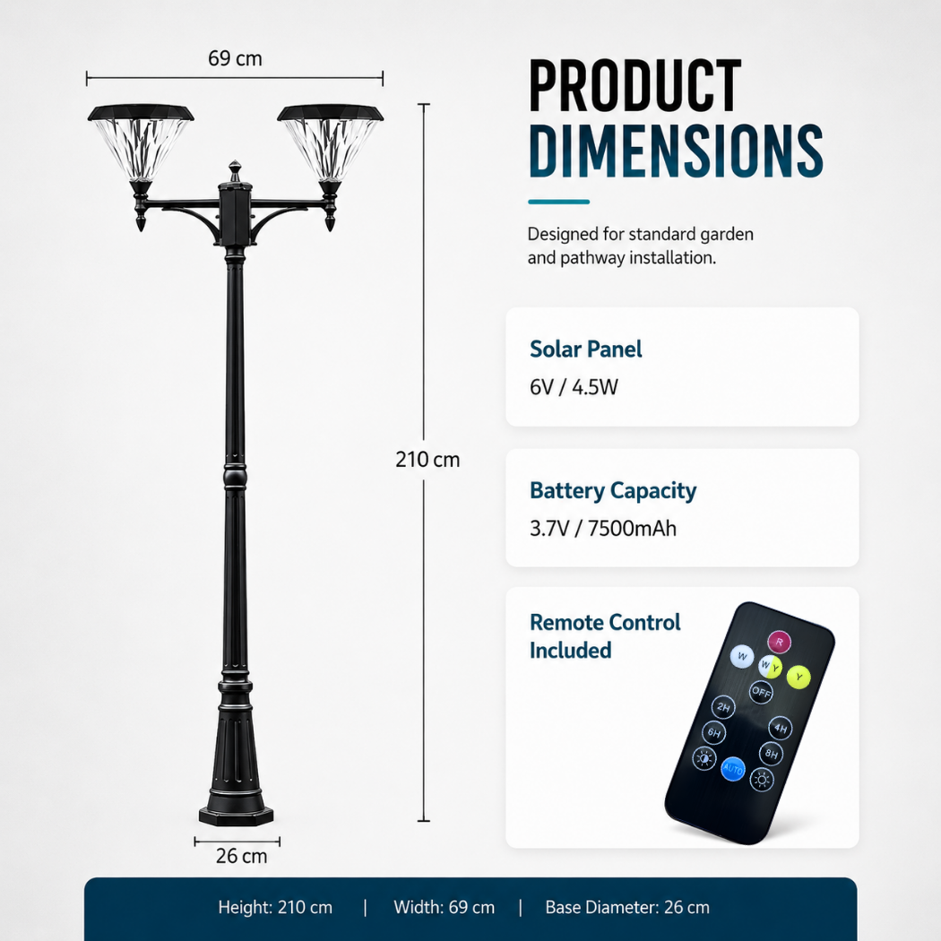Double head solar post light technical dimensions graphic detailing a 210cm height, 69cm width, and 26cm base diameter specifications.