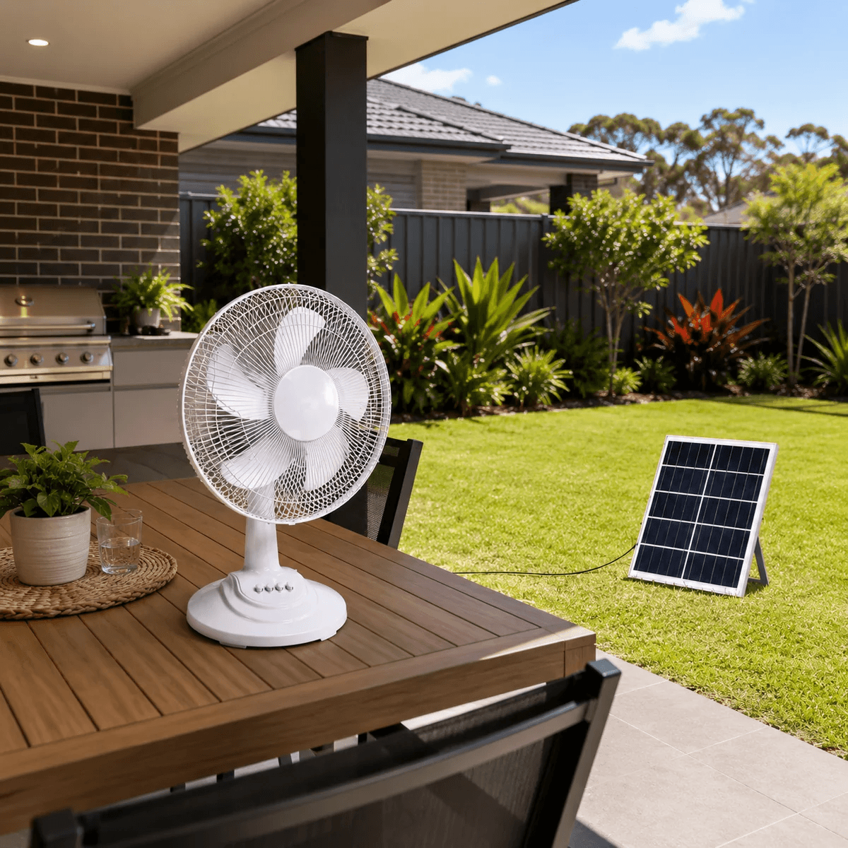 White solar table fan placed on an outdoor wooden dining table on a patio, with its connected solar panel charging in the sunny backyard lawn of an Australian home.