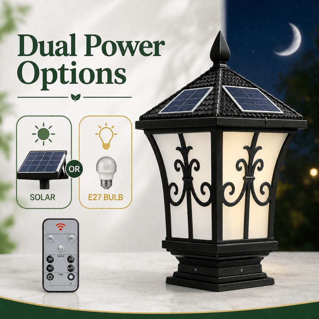 An infographic highlighting the dual power options of this solar gate light Australia homeowners trust, showing the hybrid choice between the built-in solar panel or an optional E27 bulb.