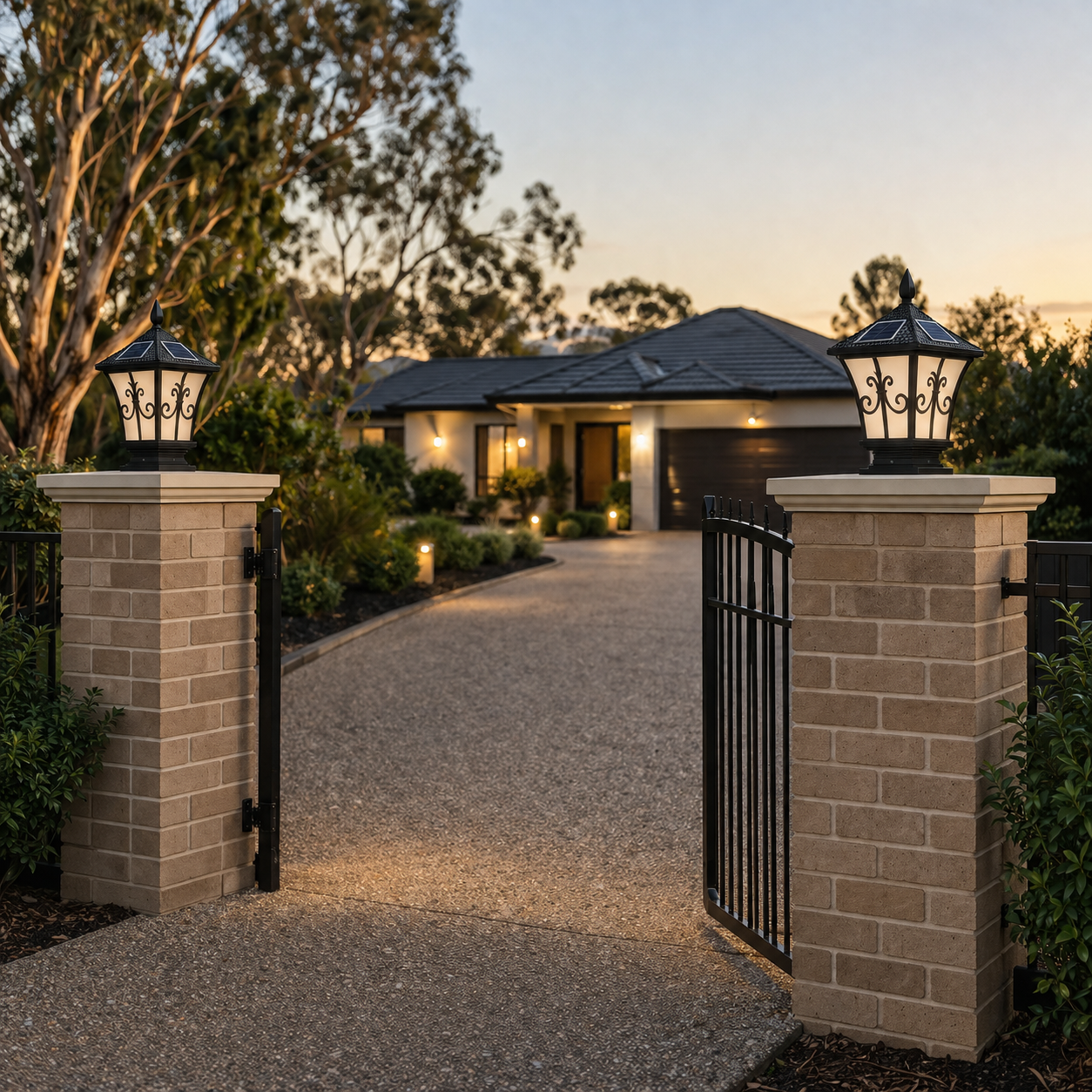 A matching pair of black coach-style lights illuminating a residential driveway entrance, showing a practical setup for the solar gate light Australia homeowners use on brick boundary posts.