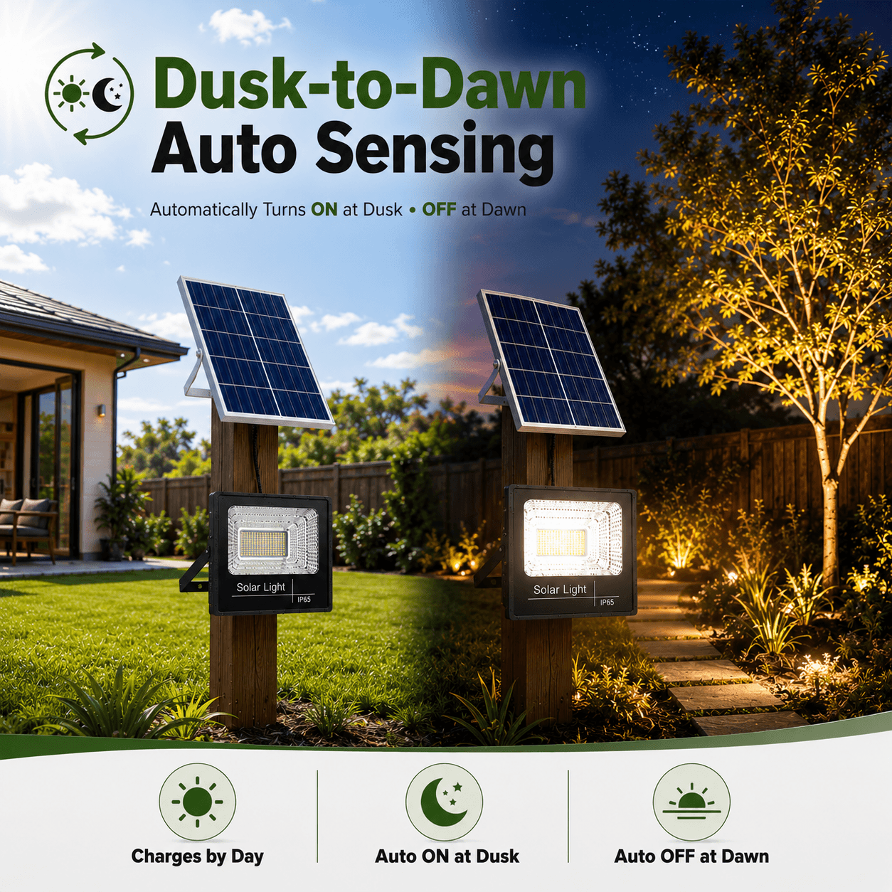 Dusk-to-dawn single colour solar flood light with automatic light sensor charging by day and turning on at night in an Australian backyard.