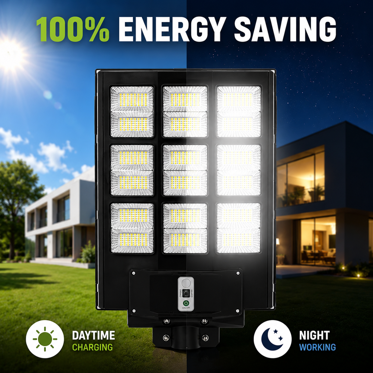 Energy saving solar powered street light showcasing a daytime charging and automatic night working graphic