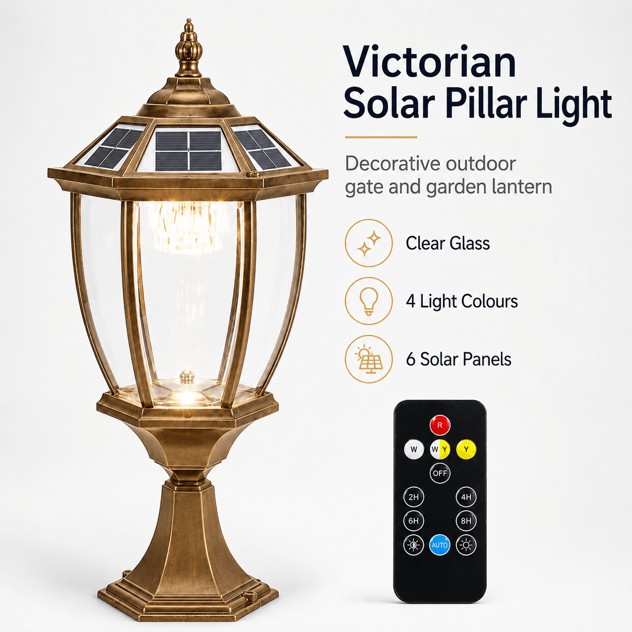 Extra large solar pillar lights outdoor infographic showcasing the bronze Victorian lantern with a remote control, 6 solar panels, clear glass, and 4 light colours.