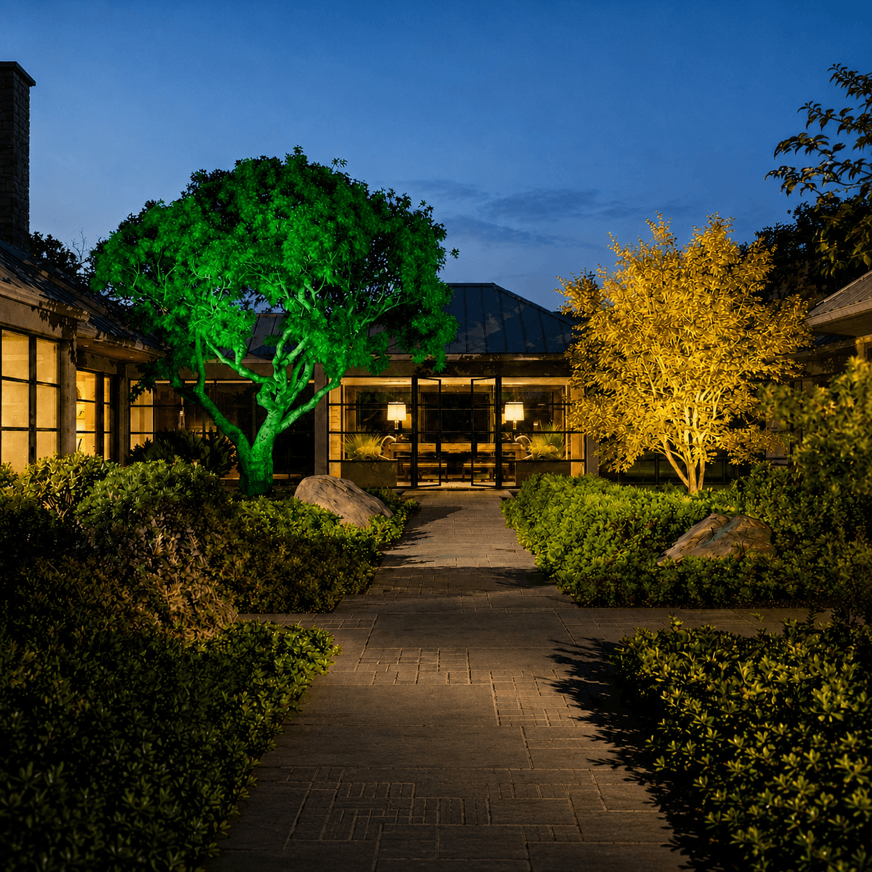 Fixed colour solar flood light showcasing decorative green and yellow tree illumination along a grand estate driveway entry path.