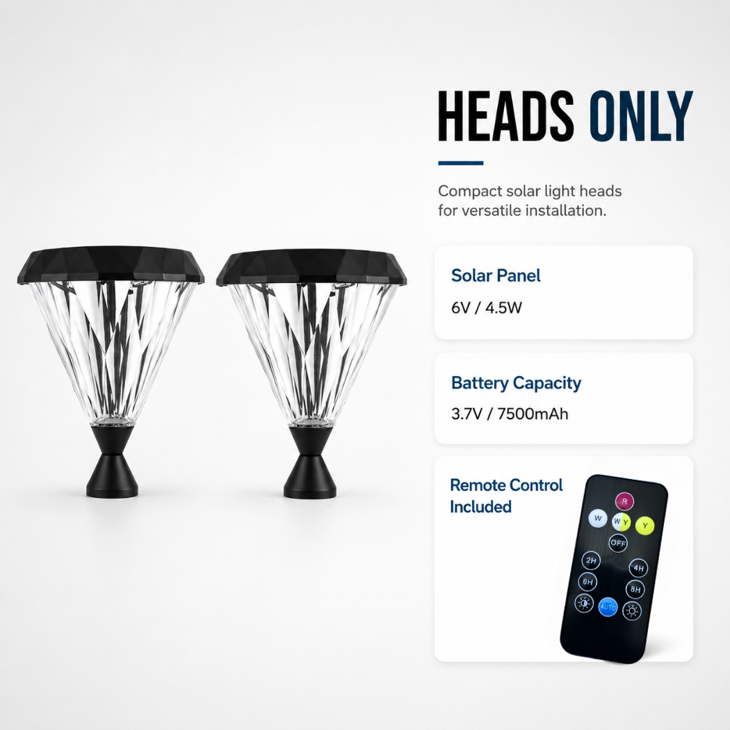Flat top solar lamp post heads only specification option showing two separate replacement light fixtures and a multi-colour remote control.