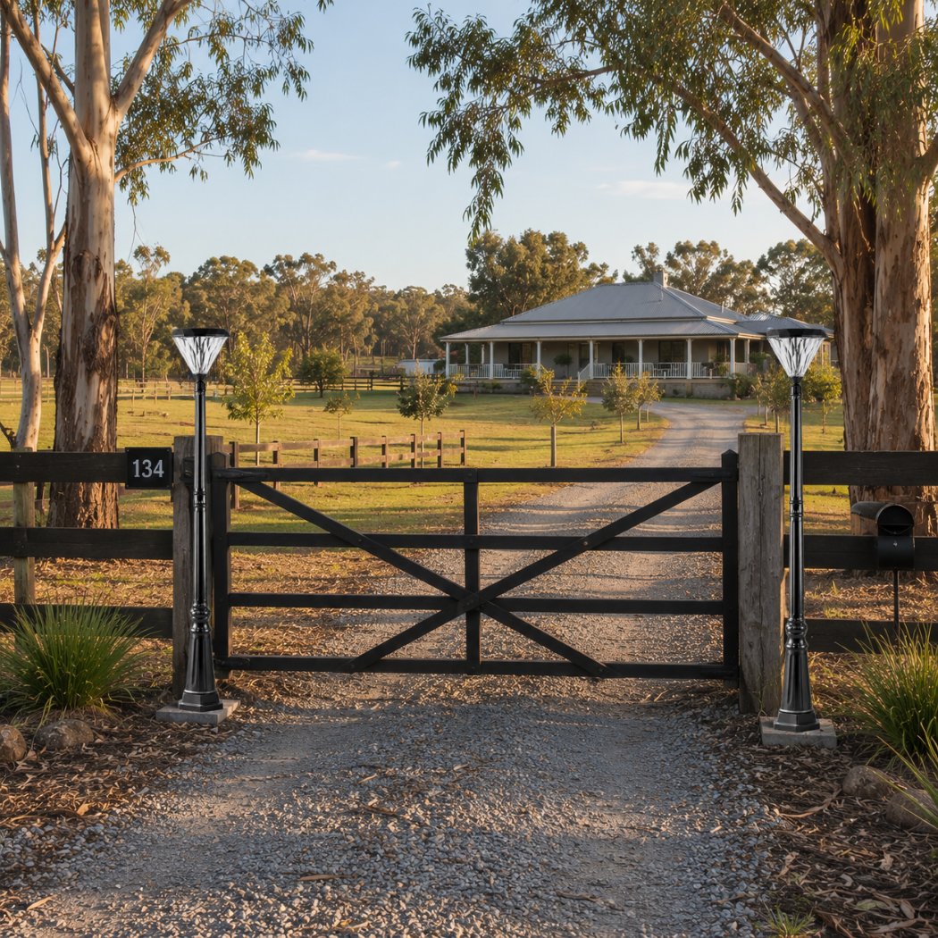 Two modern flat top solar lantern posts illuminating a wooden timber gate at a rural driveway entrance to a country farm homestead property.