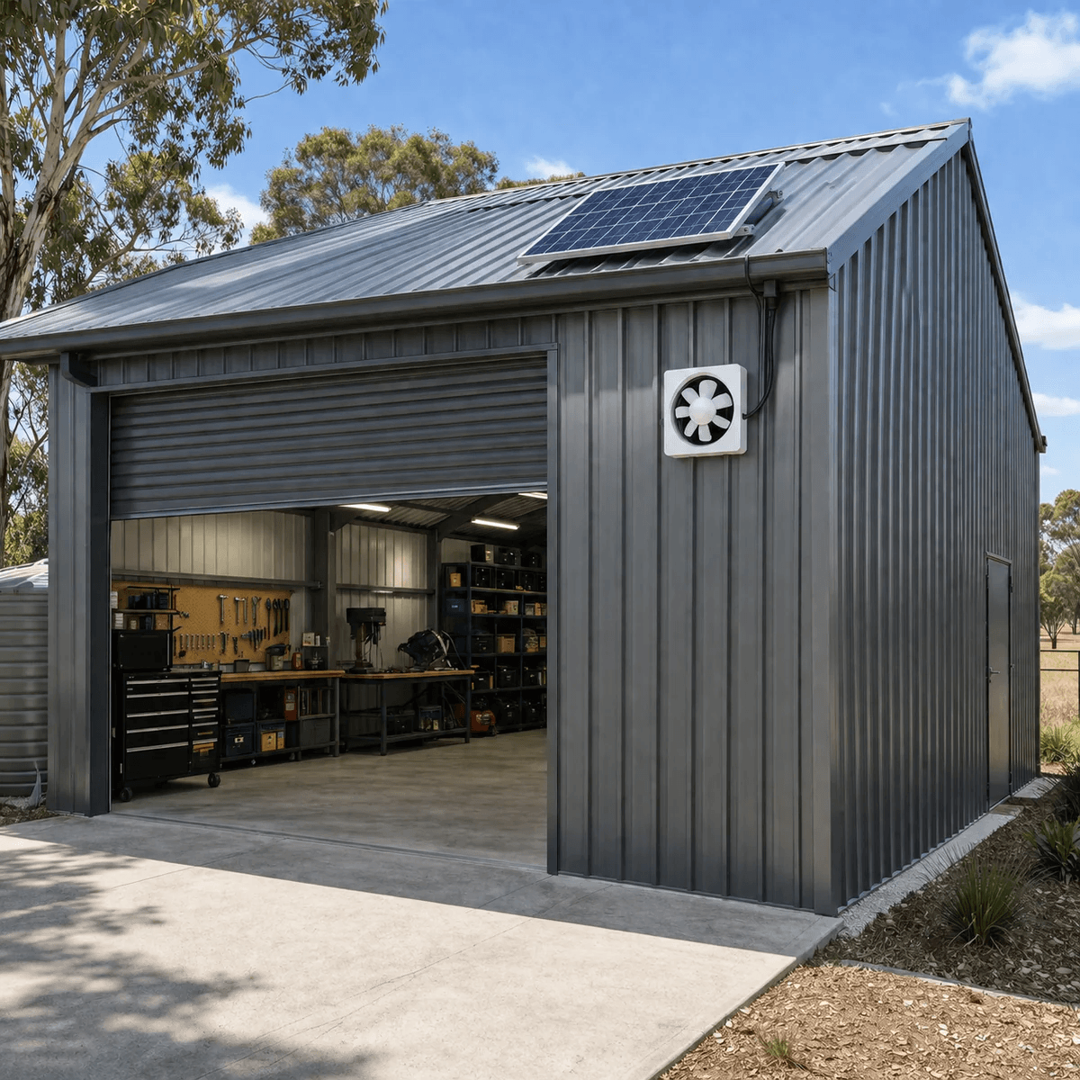 A solar powered exhaust fan Australia homeowners use for workshops, mounted on a dark gray metal garage exterior with a roof solar panel to provide eco-friendly cooling for tools and storage.