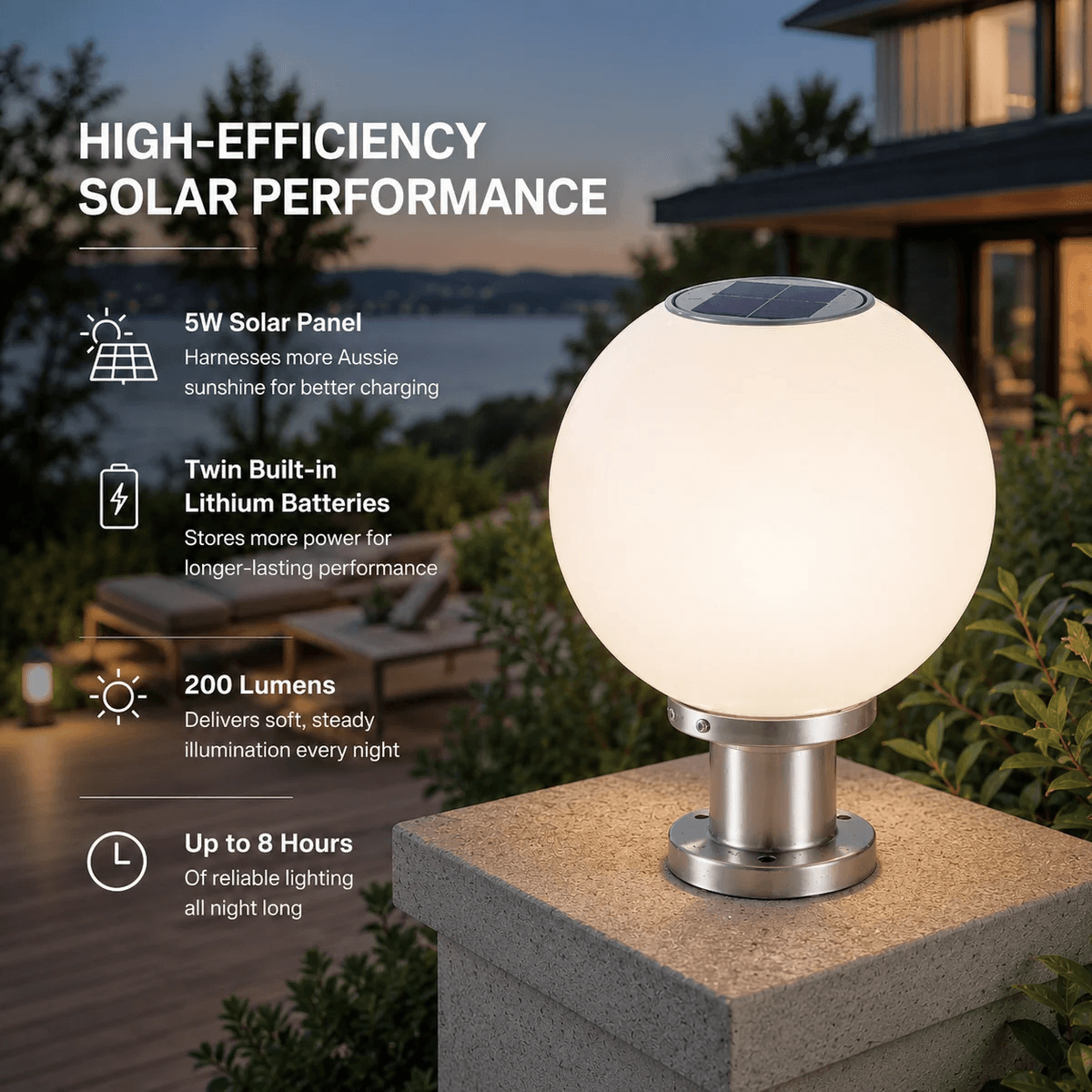 Globe Shaped Solar Outdoor Light illuminating a concrete pillar at dusk with technical performance text about its five watt solar panel in Australia
