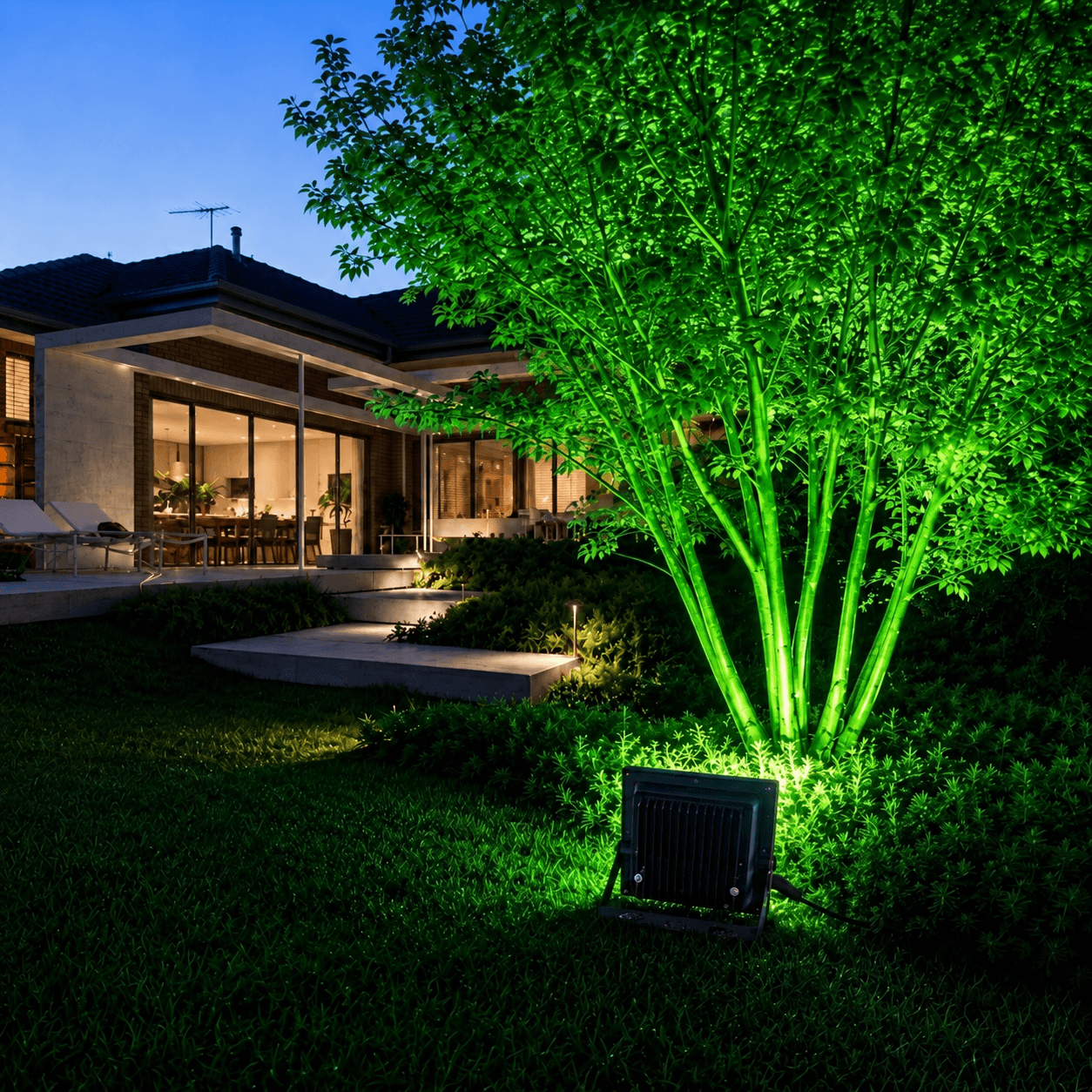 Green solar garden lights casting a vibrant uplighting effect onto a large tree in a residential Australian backyard at night.