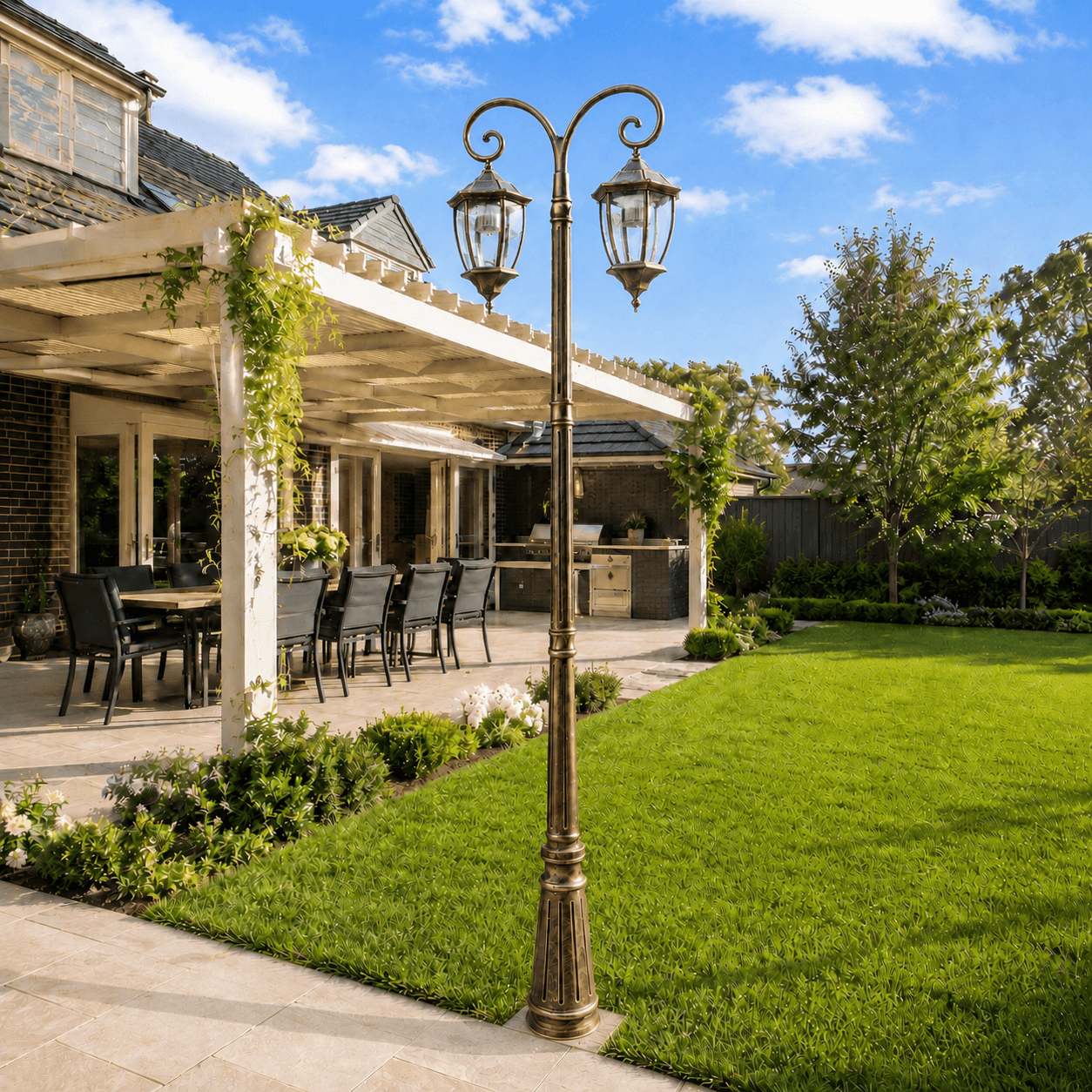 Heritage double head solar garden lamp installed on a tiled patio path next to a lawn and outdoor dining pergola.