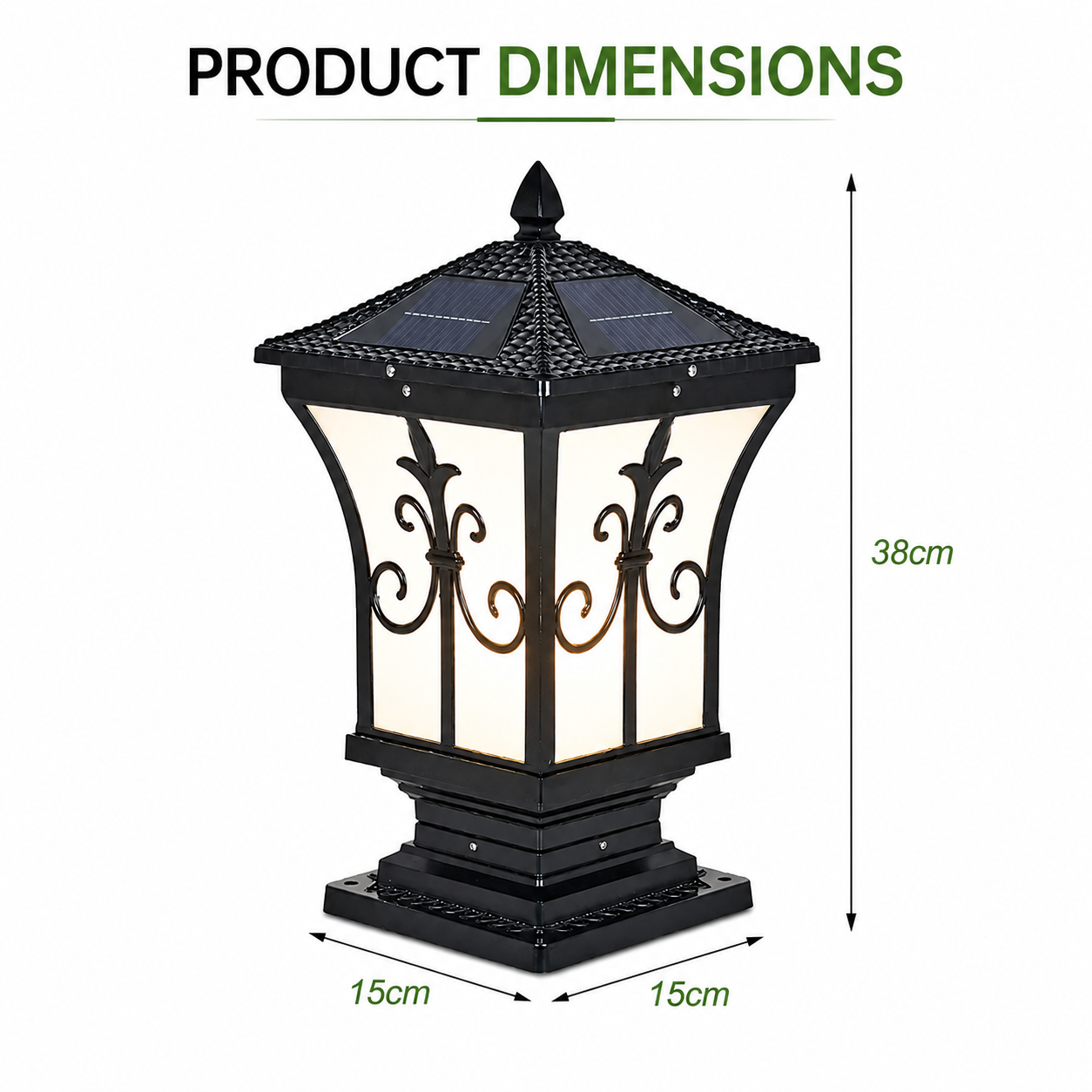 A technical measurement infographic of the heritage solar pillar light, showing the exact product dimensions with a height of 38cm and a square base measuring 15cm by 15cm.