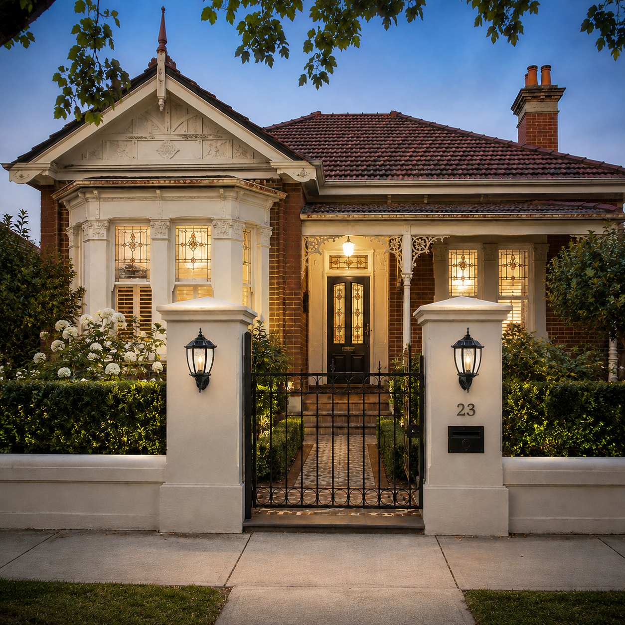 Heritage solar wall light installed on concrete front gate pillars of a traditional Victorian home showing outdoor exterior illumination.