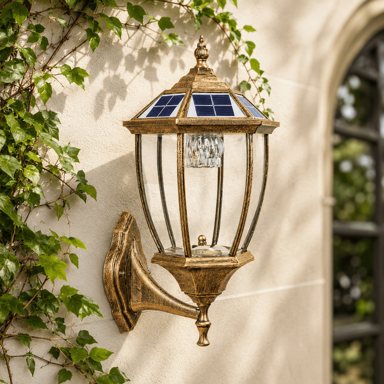 Heritage Solar Wall Light in a matte bronze finish, featuring a traditional solar wall sconce mounting, clear glass lens, and a built-in 6-sided solar panel engine next to garden ivy.