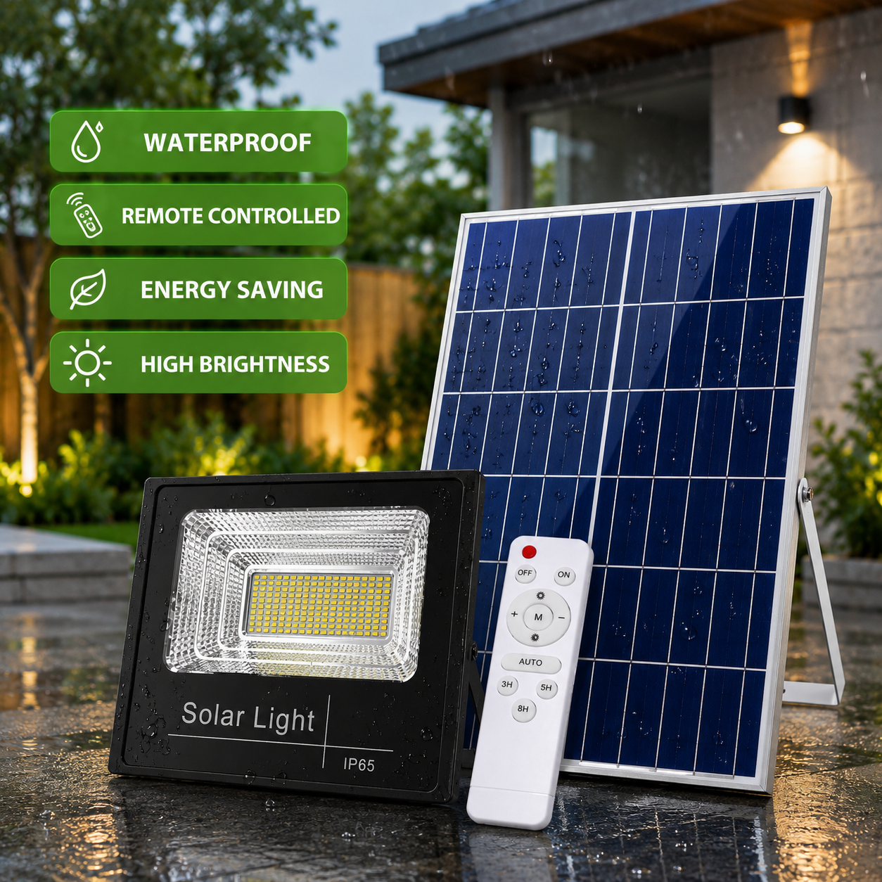 High brightness and energy saving fixed colour solar flood light kit with large solar panel and wireless remote control in an outdoor rain setting.