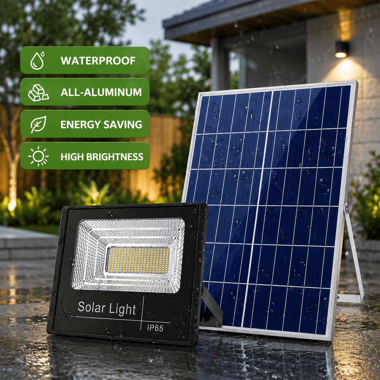 High brightness and energy saving fixed colour solar flood light kit with large solar panel and wireless remote control in an outdoor rain setting.