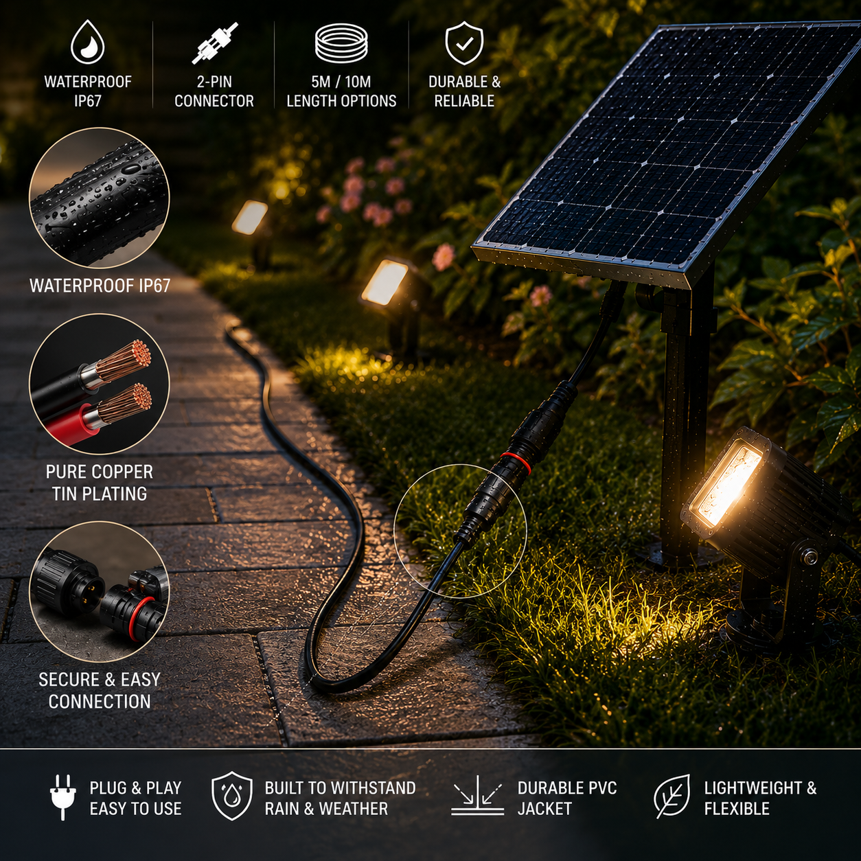 Product infographic highlighting waterproof IP67 rating, pure copper tin plating, and twist-lock connection details on a solar extension cable.