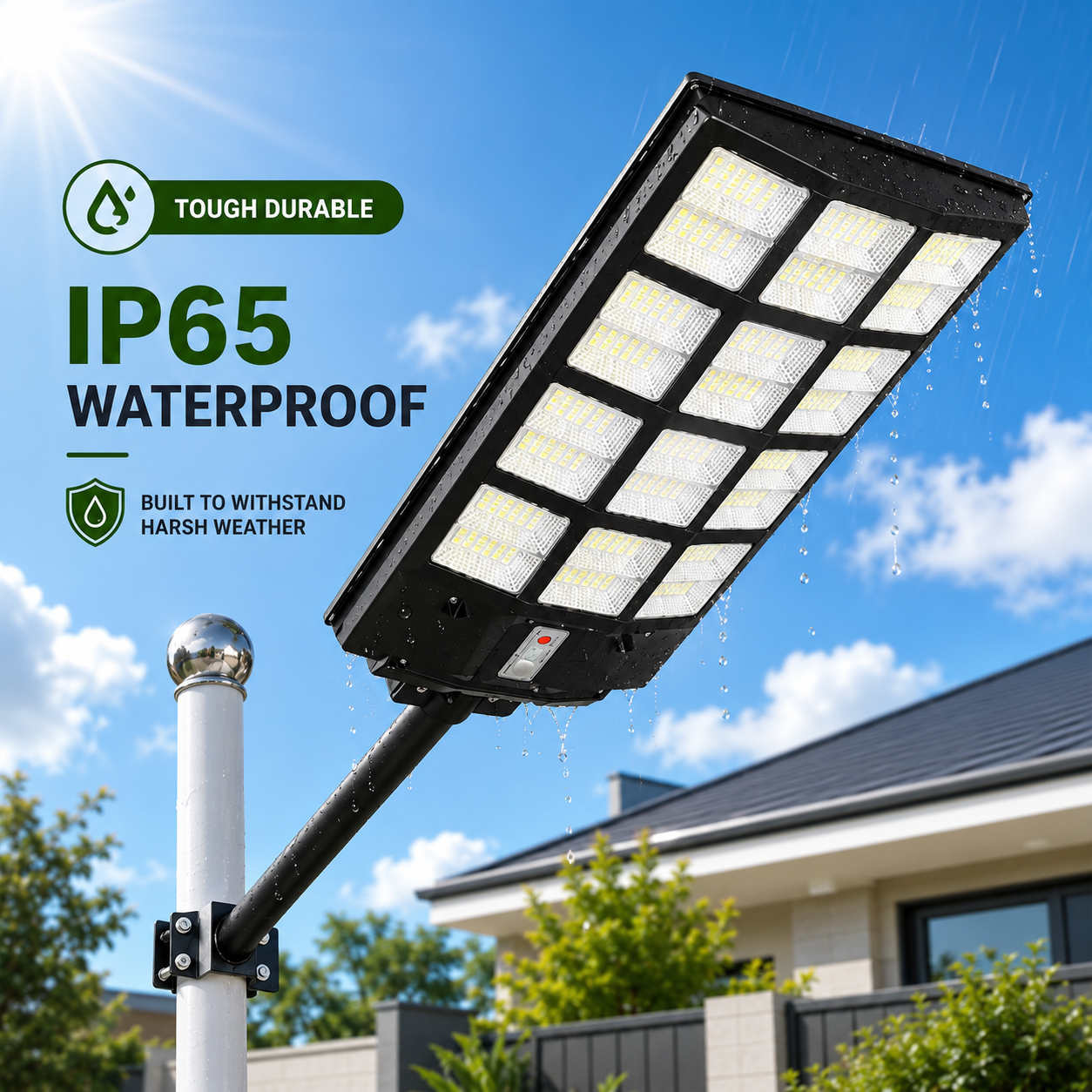 IP65 waterproof solar street light with weather resistant casing designed to withstand heavy rain on an Australian property