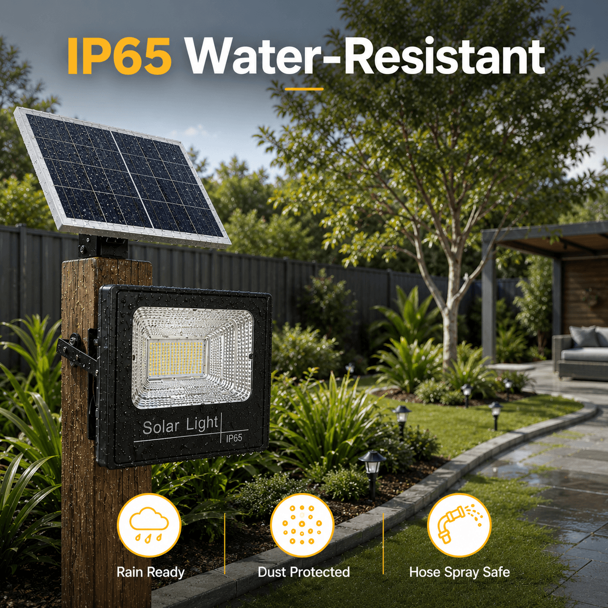 IP65 weather-resistant single colour solar flood light unit mounted on a wooden post showing rain ready and dust protected durability for Australian outdoor yards.