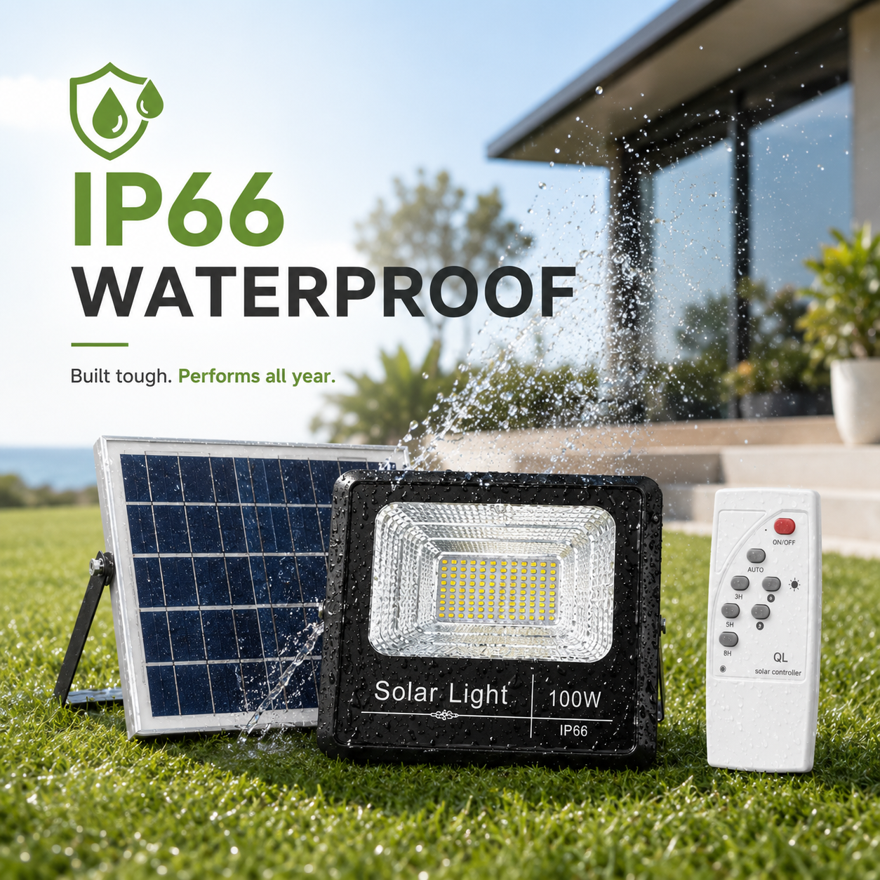 An IP66 waterproof RGB solar outdoor flood light Australia infographic showcasing the 100W heavy-duty fixture and solar panel operating under active water spray on a lawn.