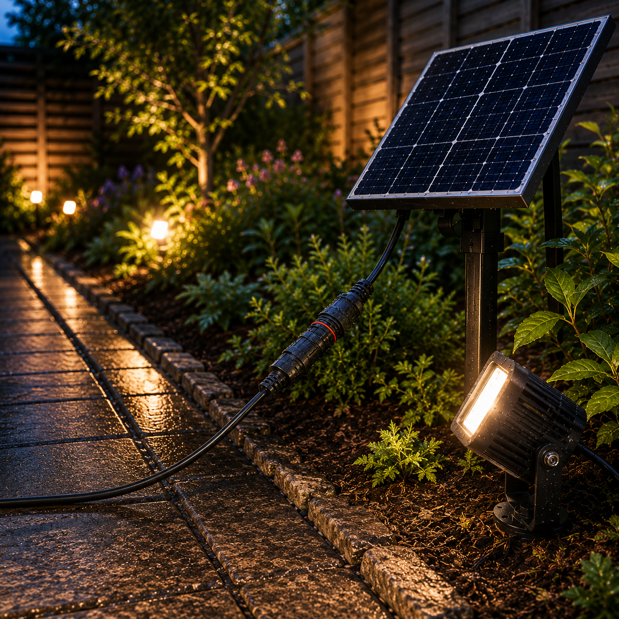A 2-pin extension cable running along a stone garden path, connecting a solar panel to an illuminated outdoor landscape light.