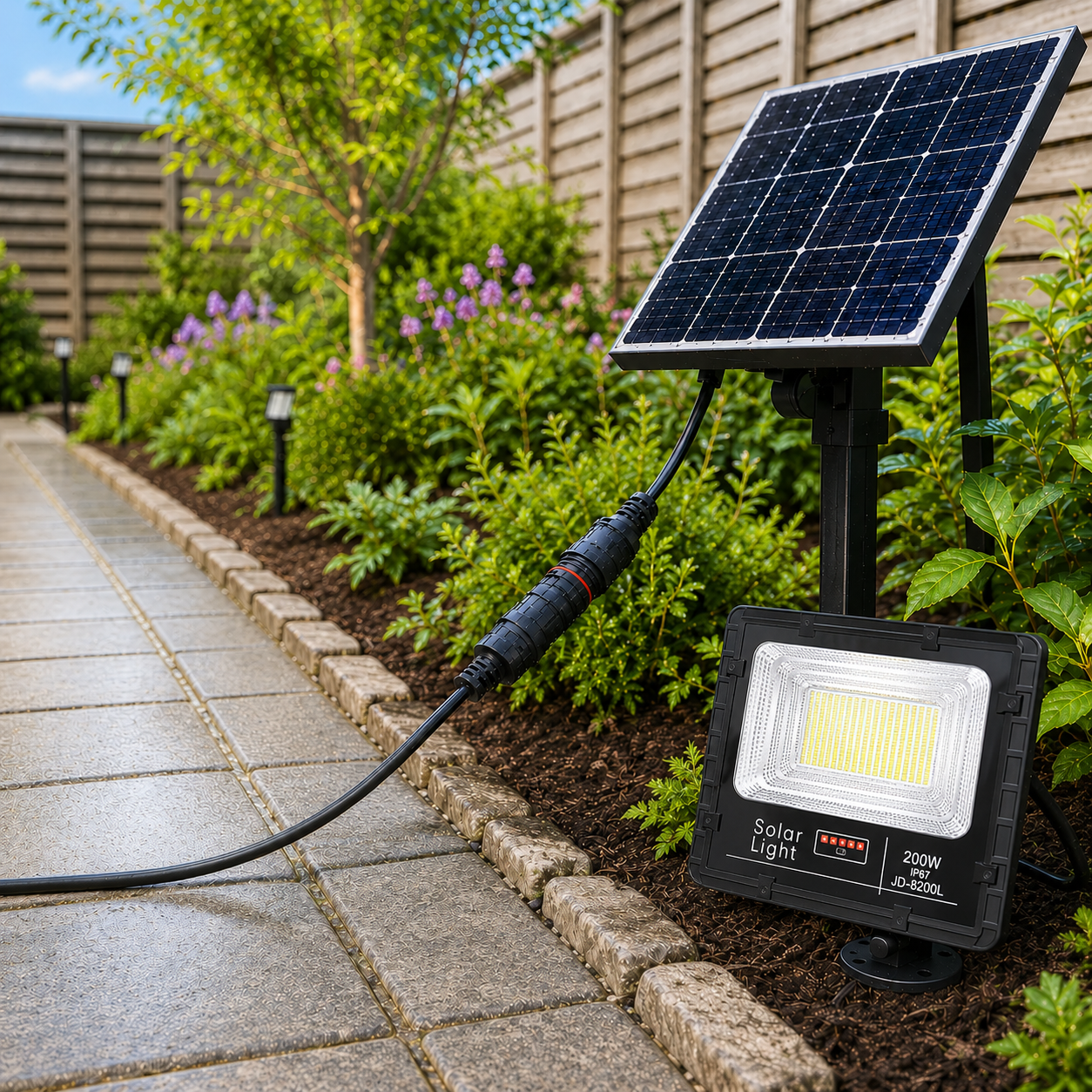 A 2-pin extension cable running along a stone garden path, connecting a solar panel to an illuminated outdoor landscape light.