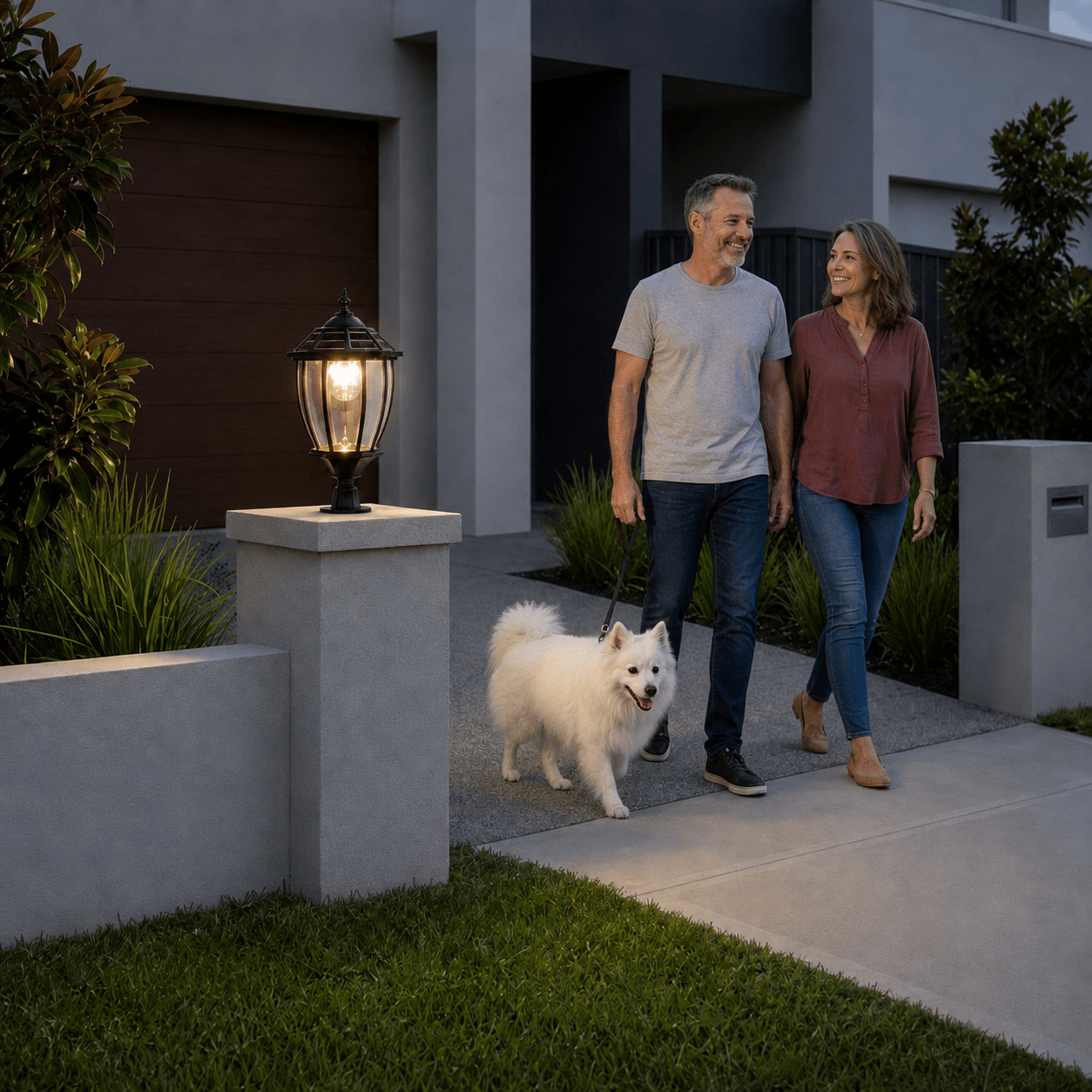 Large black Victorian solar lights for driveway pillars illuminating a home entrance path as a couple walks their white dog past the glowing outdoor column light.