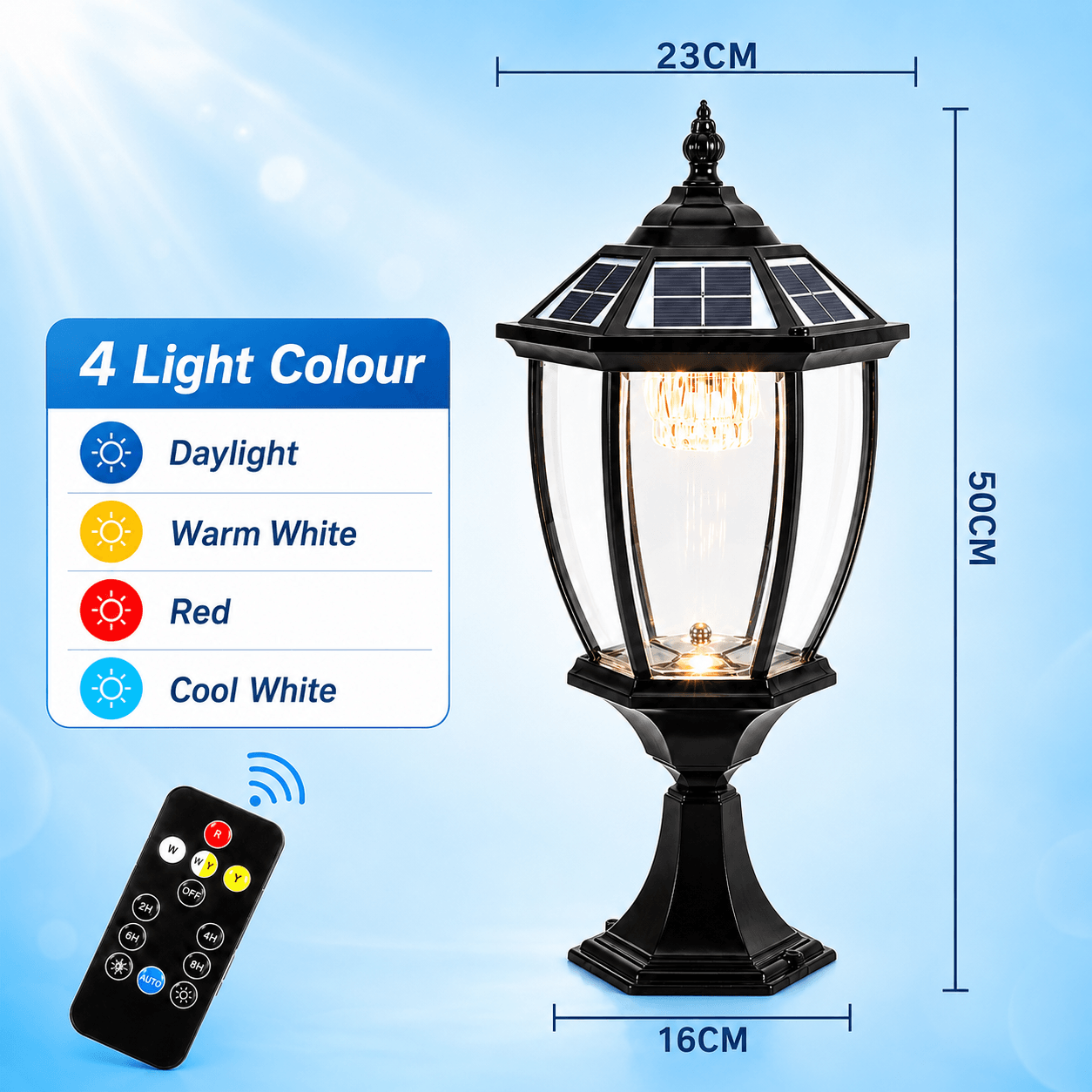 Large black Victorian solar pillar lights dimension diagram showing a 50cm height, 23cm top width, and 16cm mounting base diameter alongside its 4 light colour options and remote control.