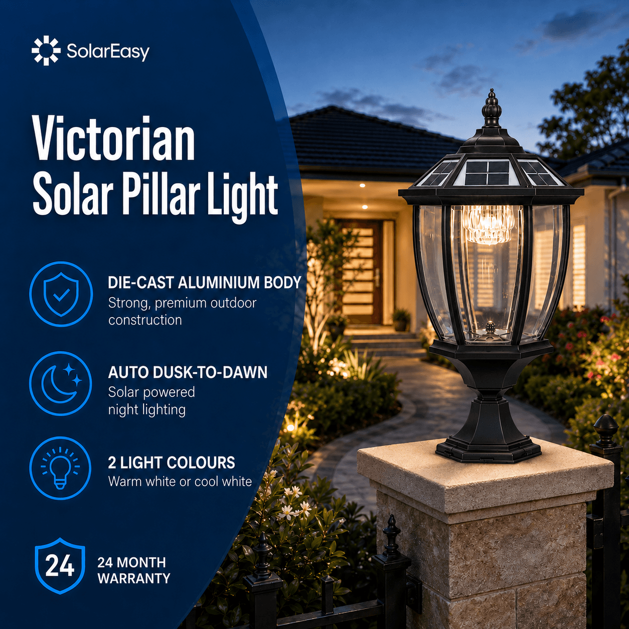 Large black Victorian solar powered column lights mounted on a brick pillar entrance, featuring auto dusk-to-dawn lighting, die-cast aluminium body, and a 24-month warranty.