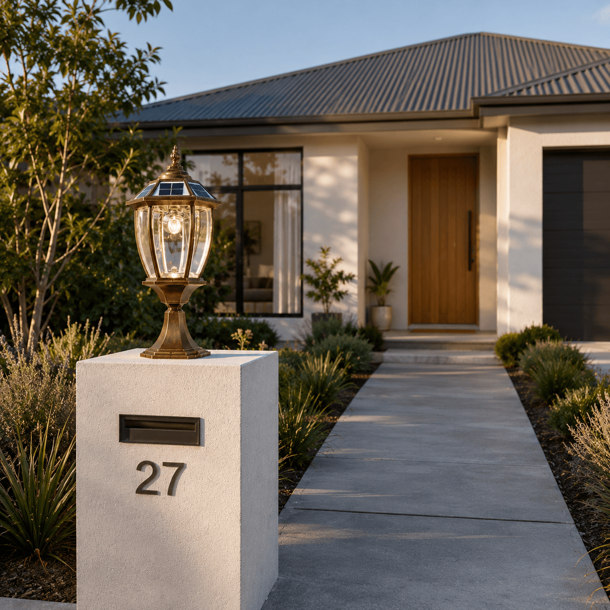 Large solar lights for brick columns and concrete driveway pillars installed at a modern Australian house entrance pathway.