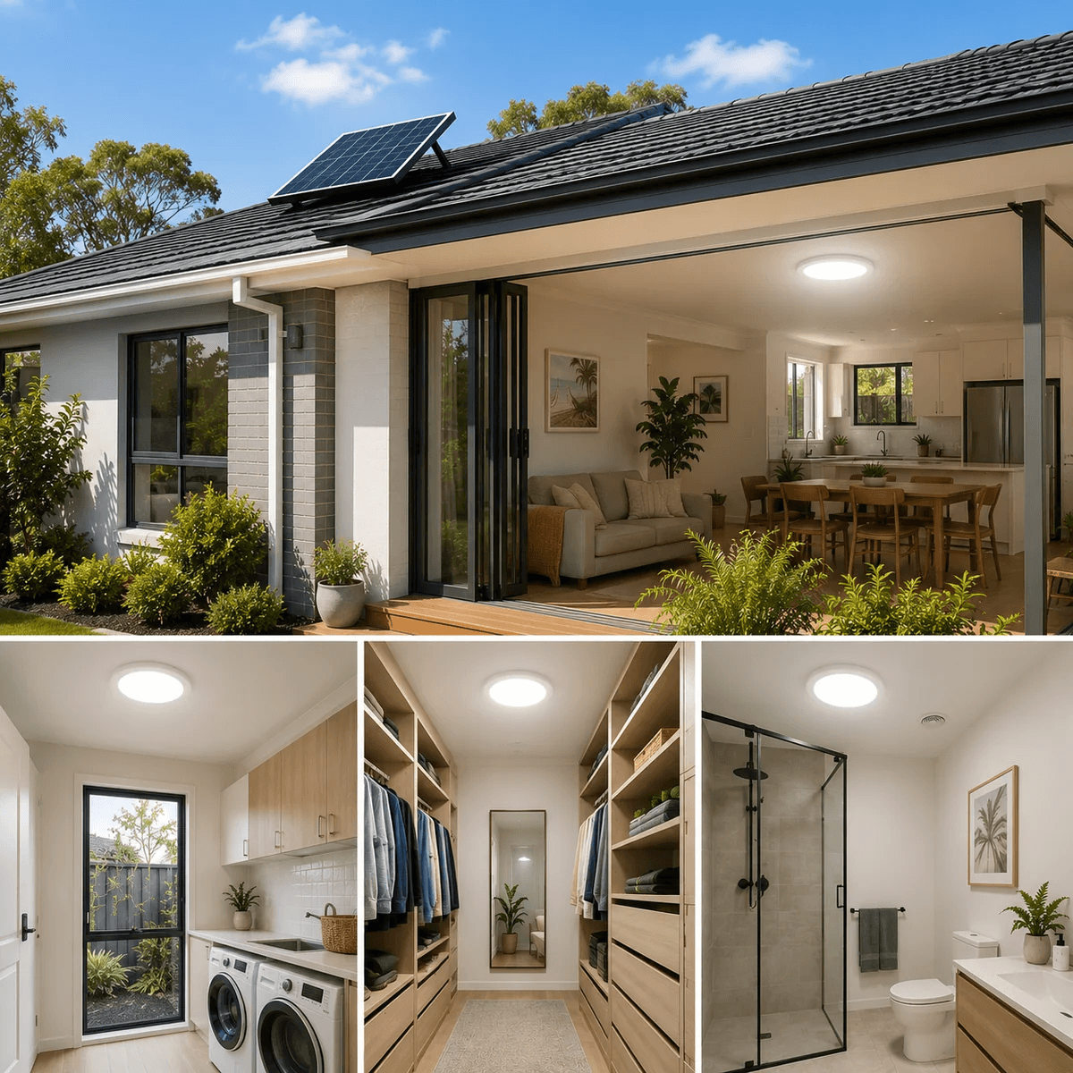 A 30W LED solar skylight kit installed across an Australian home, showing the roof-mounted solar panel and illuminated round solar ceiling light units in a kitchen, laundry room, walk-in wardrobe, and bathroom.