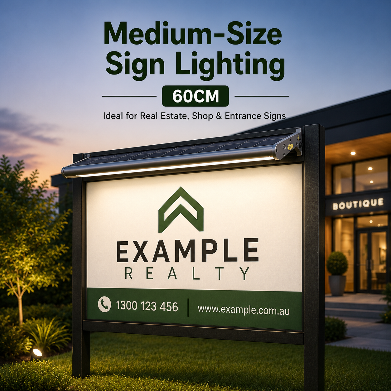 An infographic displaying a 60cm solar billboard light providing bright outdoor solar sign lighting across a medium real estate board during sunset.