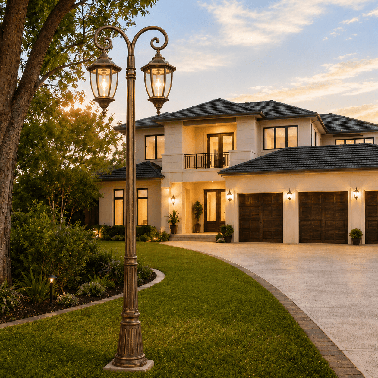 Outdoor dual head solar pillar lamp standing on a front lawn illuminating a modern luxury home driveway.