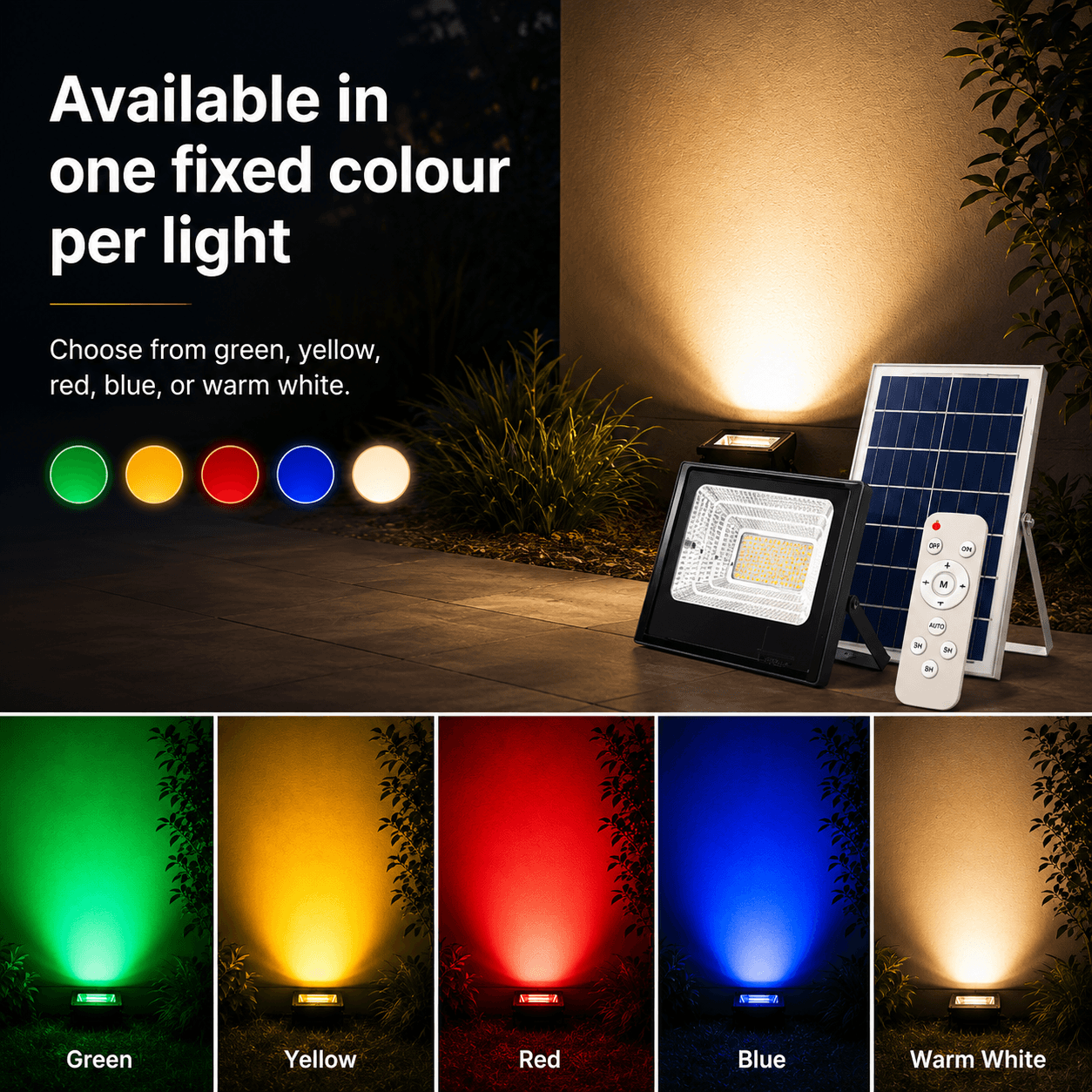 Fixed colour solar flood light panels demonstrating green, yellow, red, blue, and warm white spotlight beams cast onto garden walls.