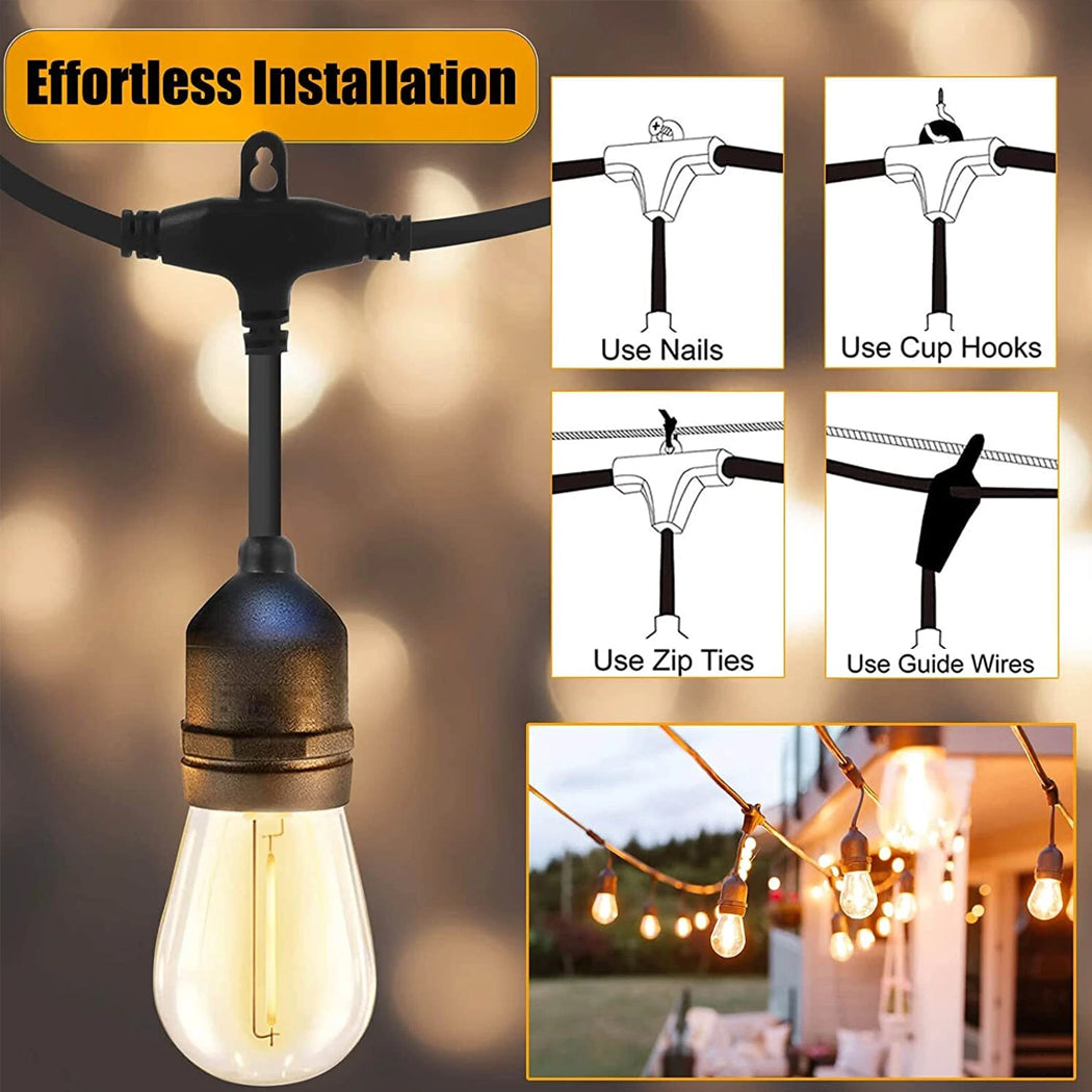 Diagram showing outdoor hanging filament bulb string lights installation options demonstrating how to easily secure the built-in socket loops using nails, cup hooks, zip ties, or guide wires on a patio in Australia